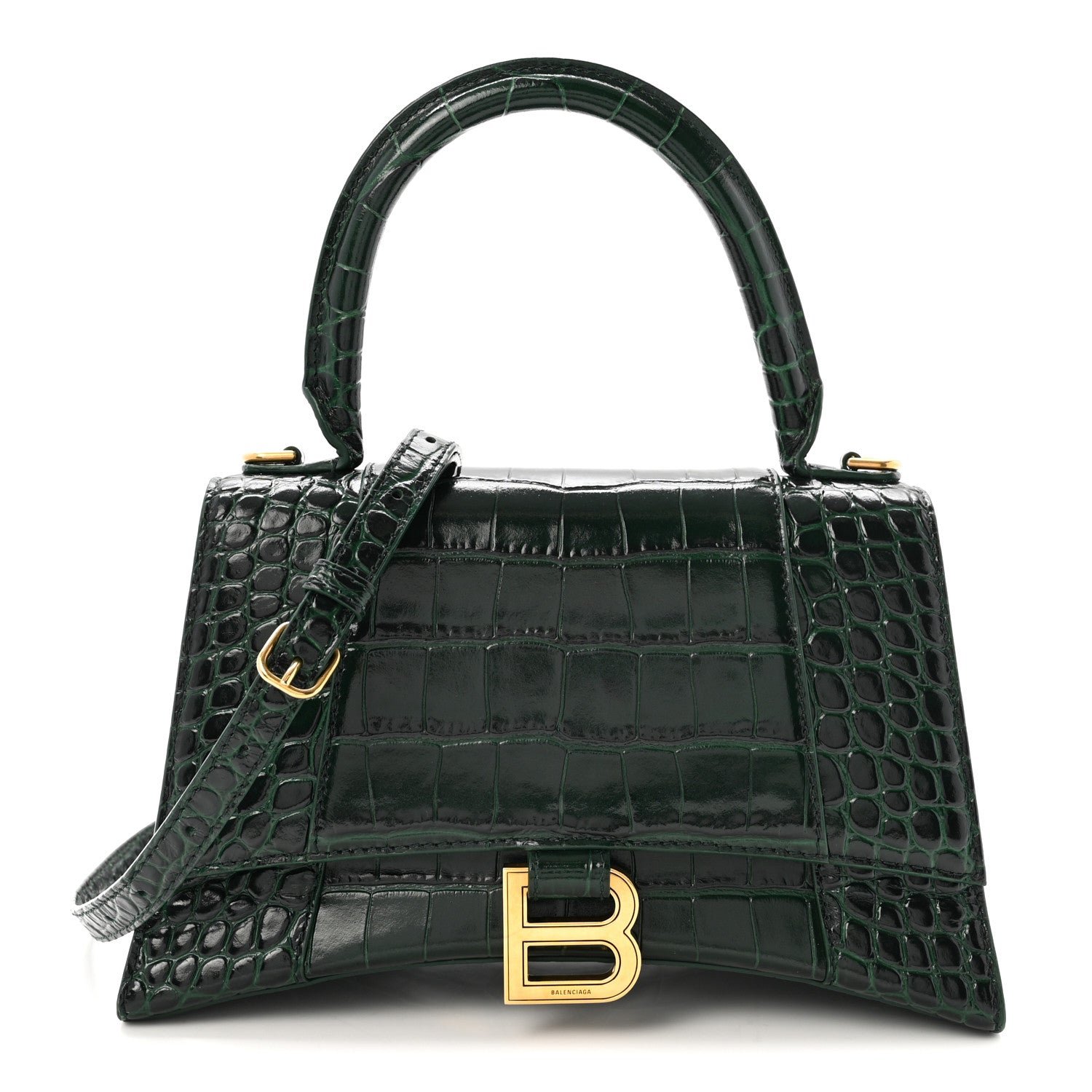 Balenciaga Shiny Calfskin Crocodile Embossed Small Hourglass Top Handle Bag Forest Green