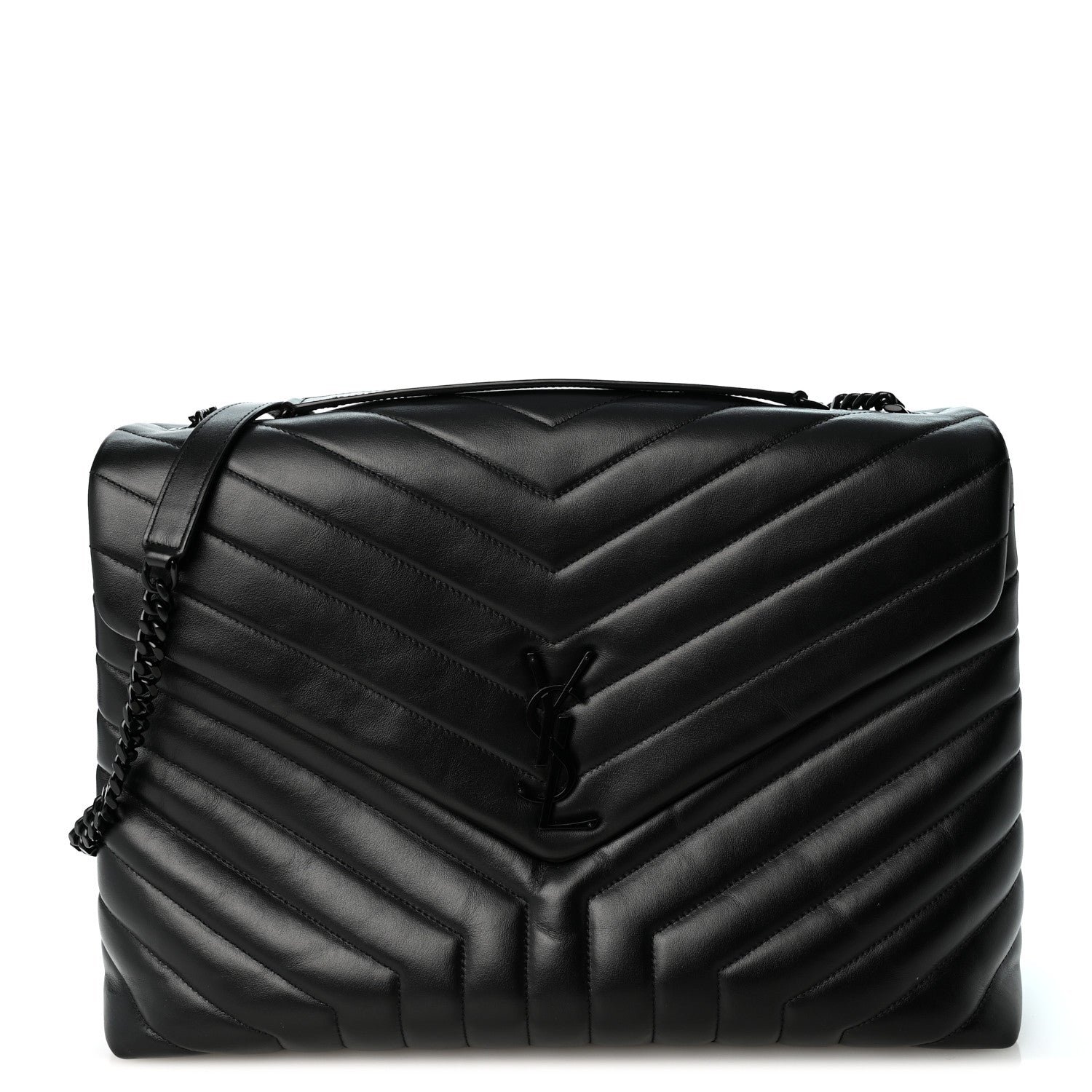 Saint Laurent Calfskin Y Quilted Monogram Monochrome Large Loulou Chain Satchel Black