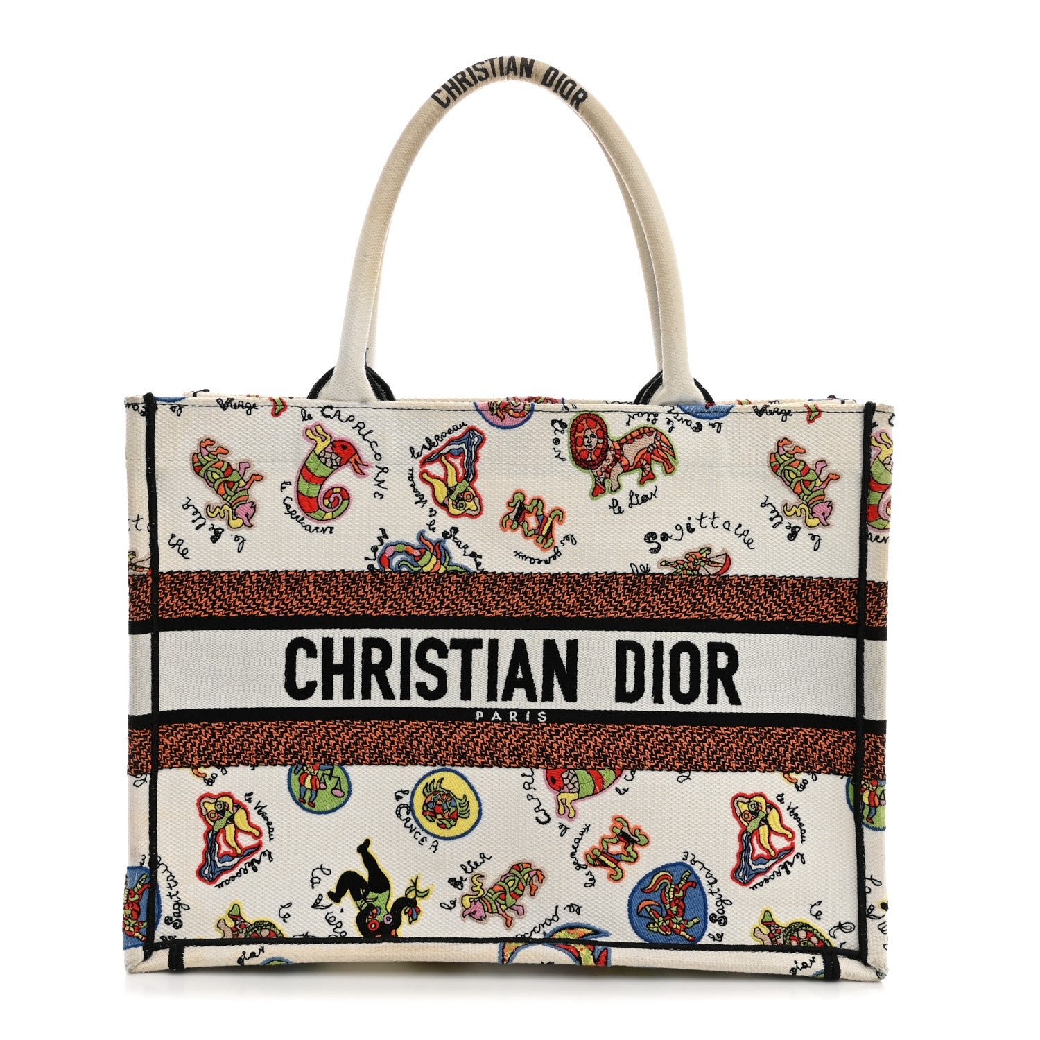 Christian Dior Canvas Embroidered Dragon Zodiac Medium Book Tote White Multicolor