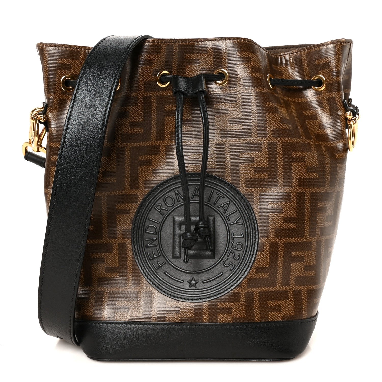 Fendi Glazed Fabric Vitello Grace F is Fendi FF 1974 Stamp Patch Grande Mon Tresor Bucket Bag Mogano Panna Black