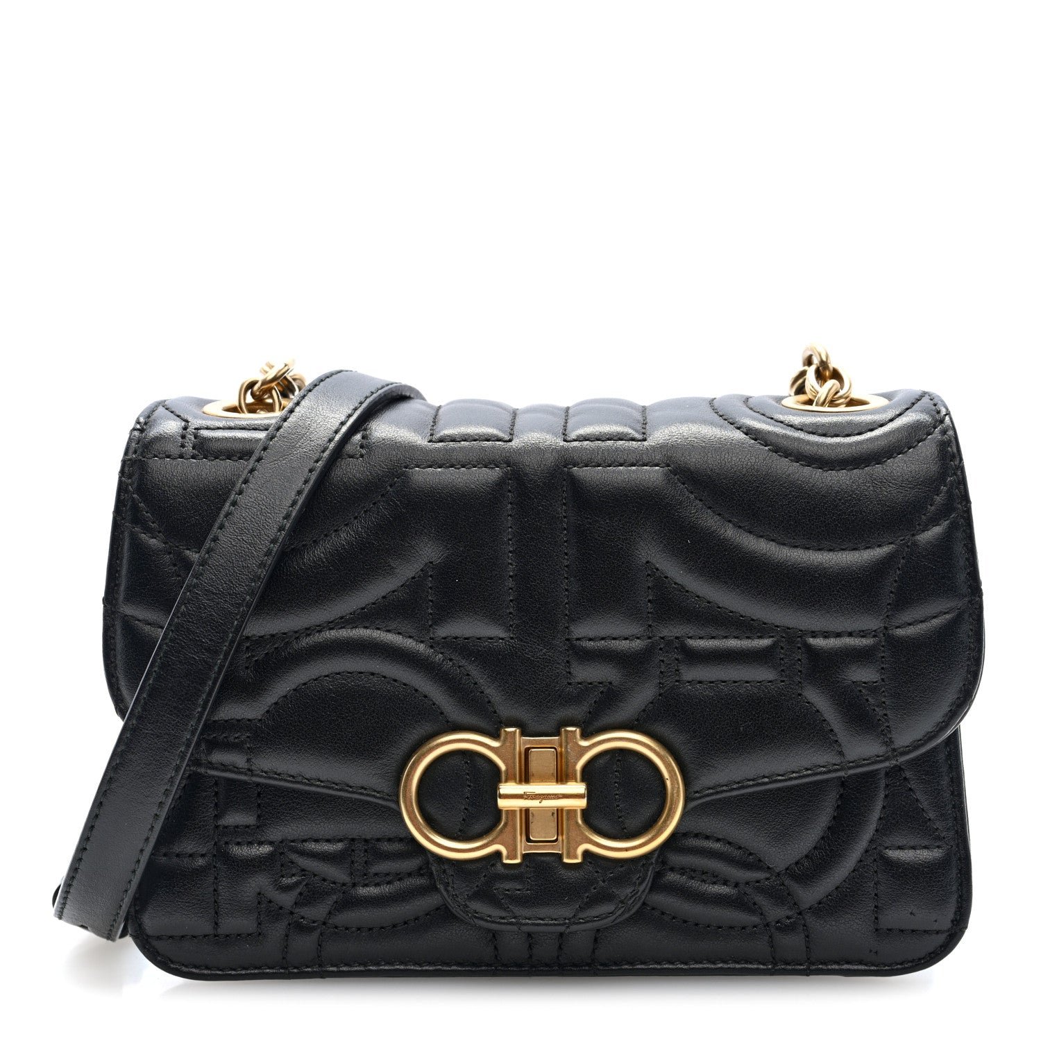 Salvatore Ferragamo Calfskin Quilted Gancini Mini Crossbody Flap Bag Black