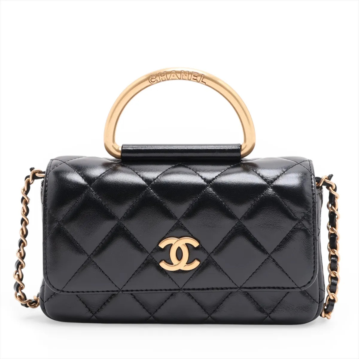 Chanel Matelasse Lambskin 2 Way Shoulder Bag Top Handle Black Gold Metal Fitting