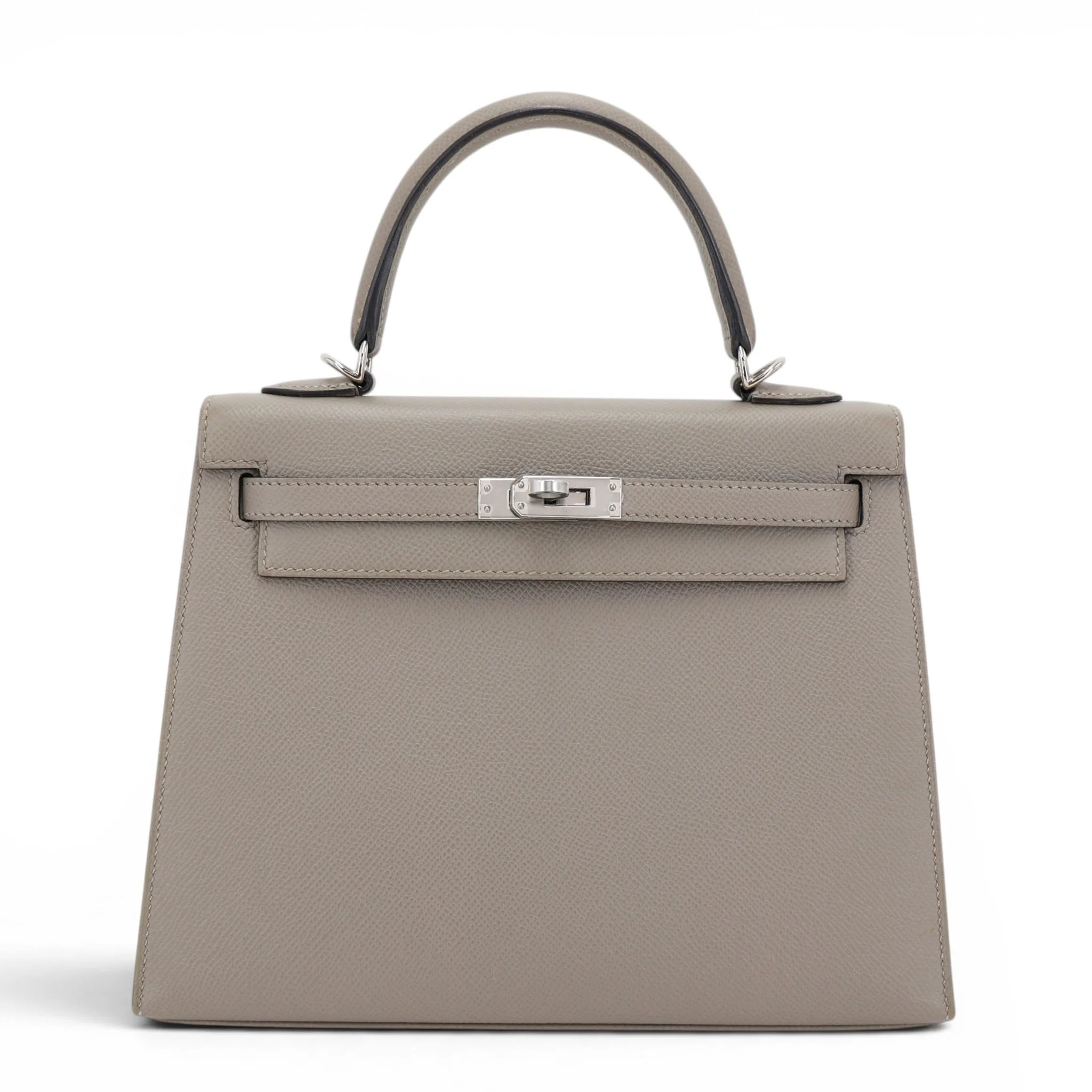 Very Good ( Rank A) HERMÈS Kelly 25 Sellier Gris Asphalte (M8) Epsom Palladium hardware C (2018)