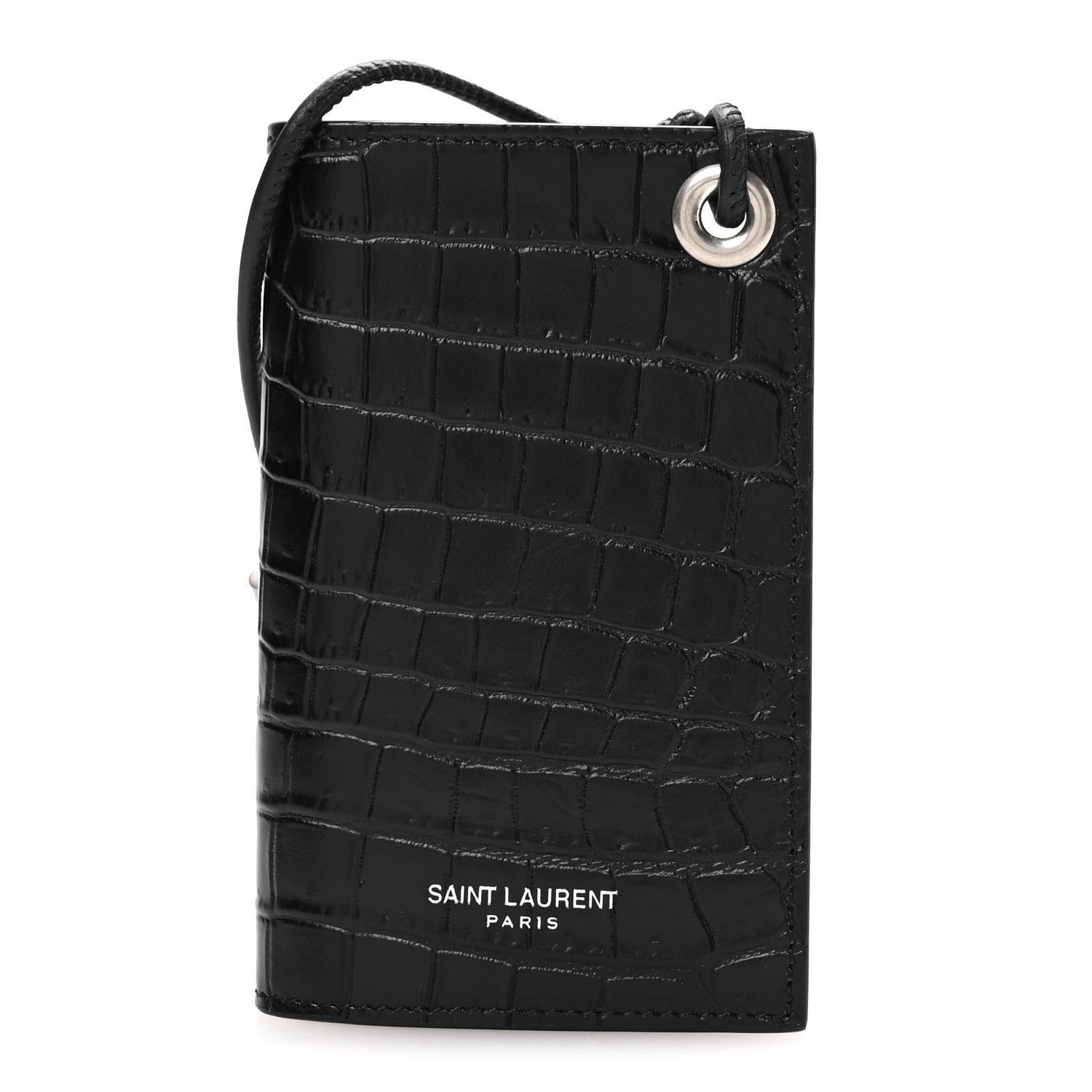 Saint Laurent Crocodile Embossed Grained Calfskin Lanyard Card Case Black