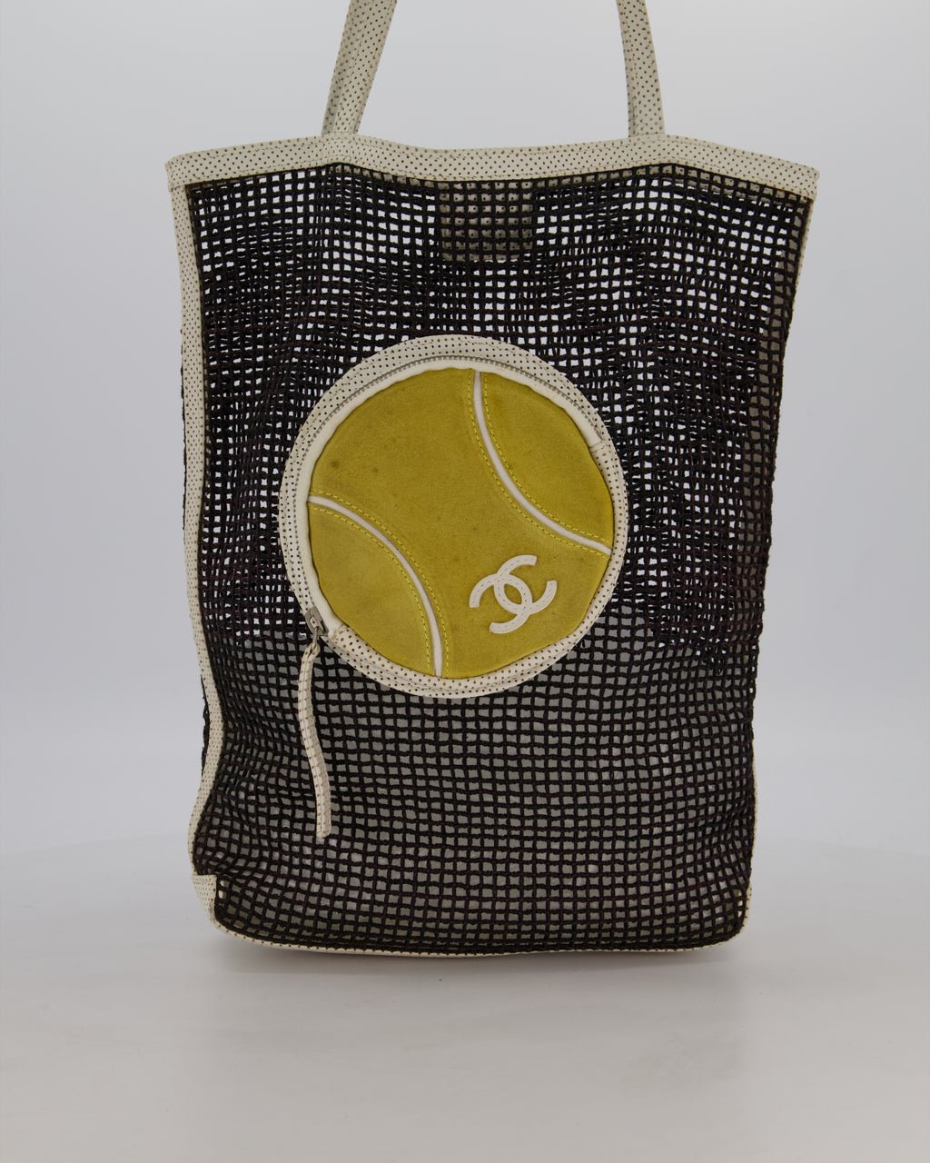 RARE Chanel Vintage Black 2004 Mesh Tennis Shopper Tote Bag with a Green Tennis Ball Pouch and CC Logo