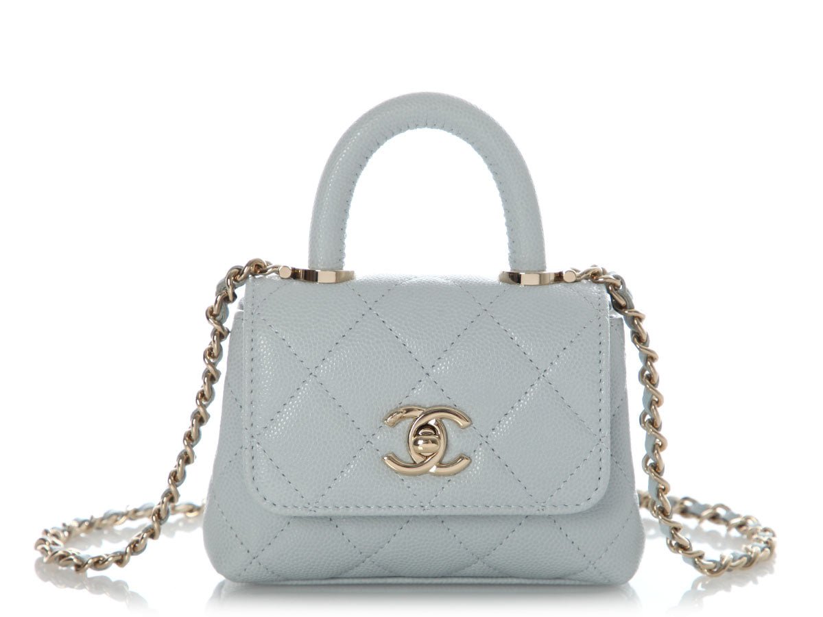 Chanel Nano Light Blue Quilted Caviar Coco Handle Clutch with Chain