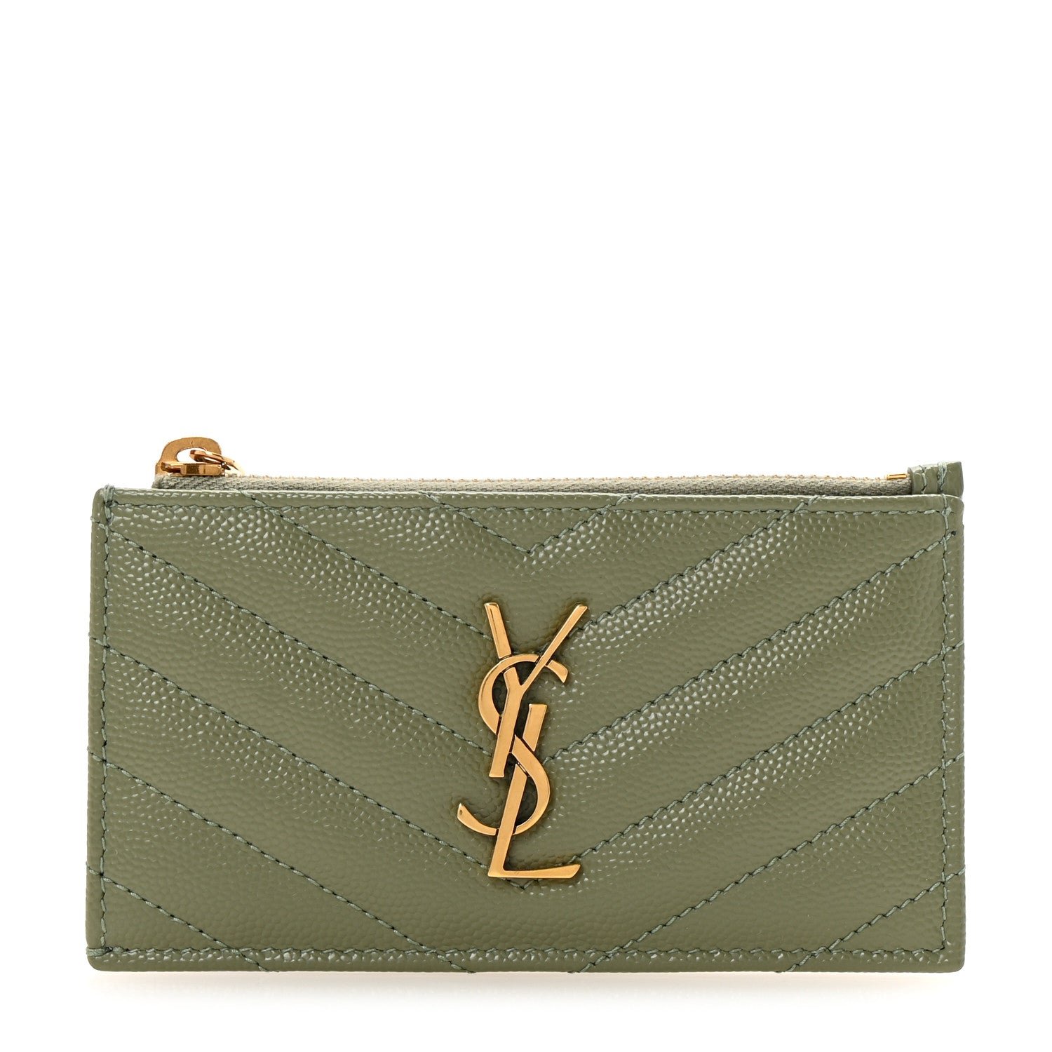 Saint Laurent Monogram Grain de Poudre 5 Fragments Zip Pouch Card Holder Light Sage