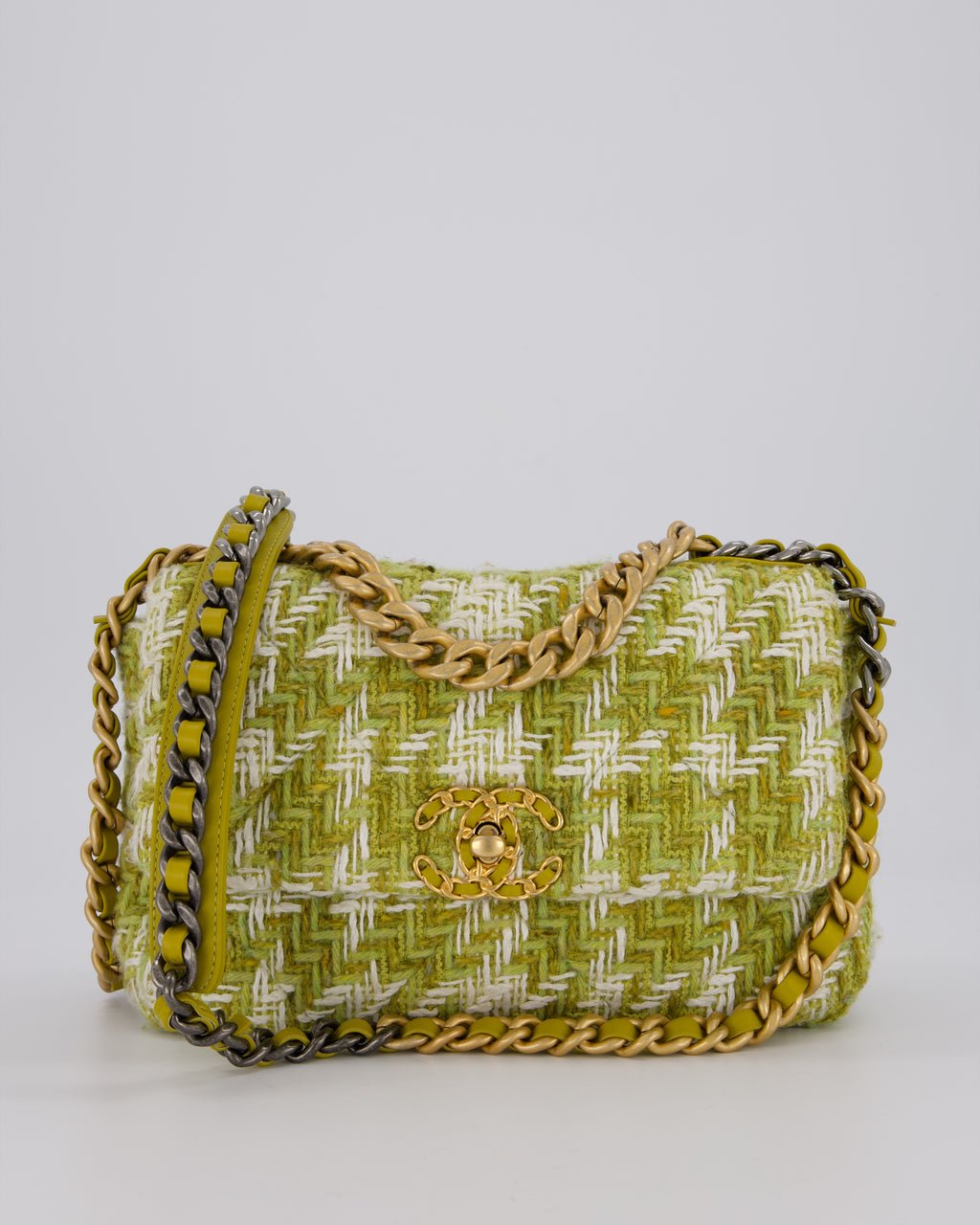 Chanel Small 19 Flap Bag in Green and White Houndstooth Quilted Tweed with Mixed Hardware