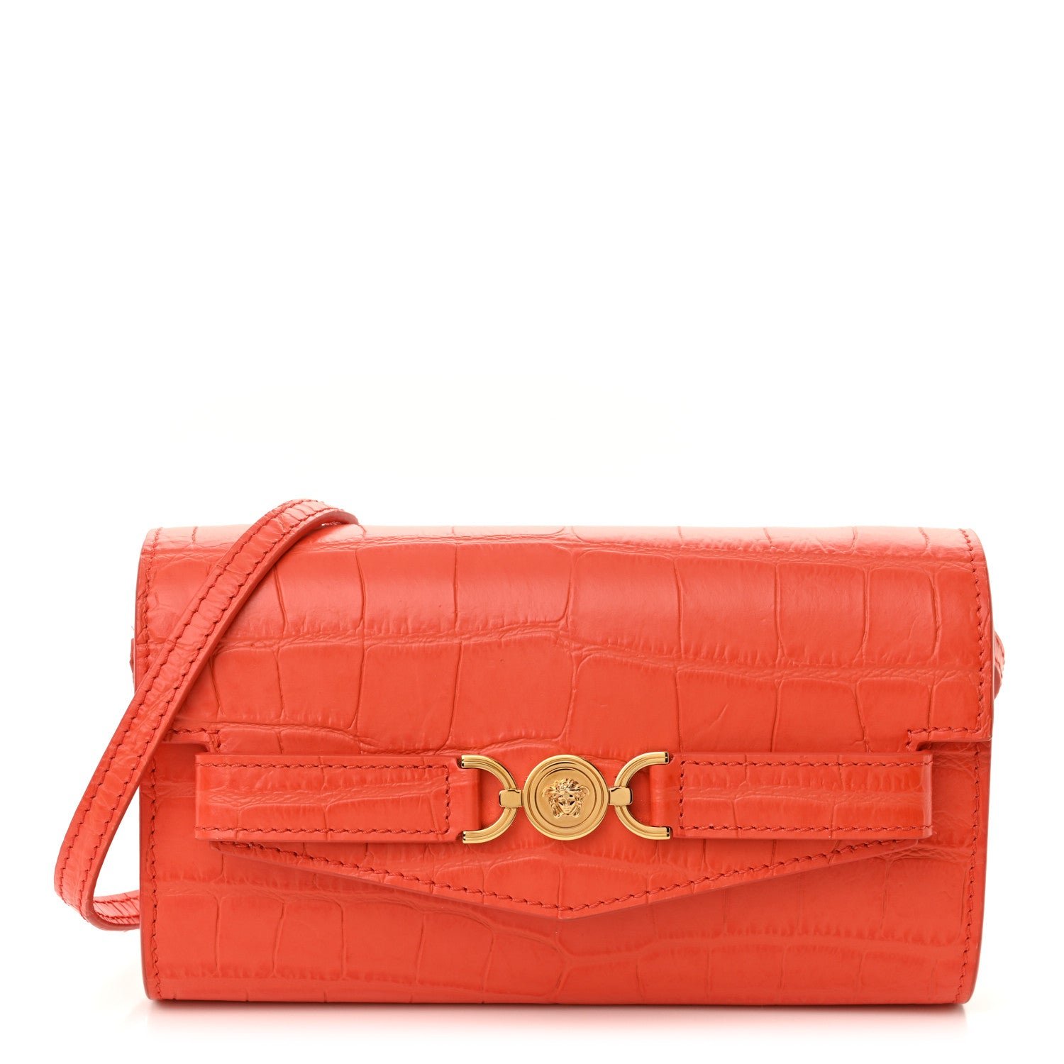 Versace Calfskin Crocodile Embossed Medusa '95 Shoulder Bag Orange