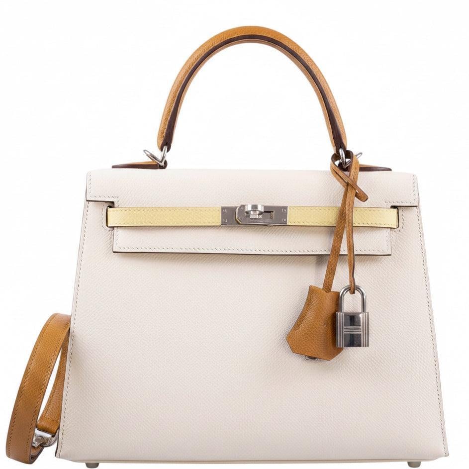 Hermes Hermès Kelly 25 Sellier Tricolor Nata Jaune Poussin Sesame Epsom Palladium Hardware