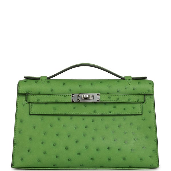 Hermes Kelly Pochette Vert Yucca Ostrich Palladium Hardware