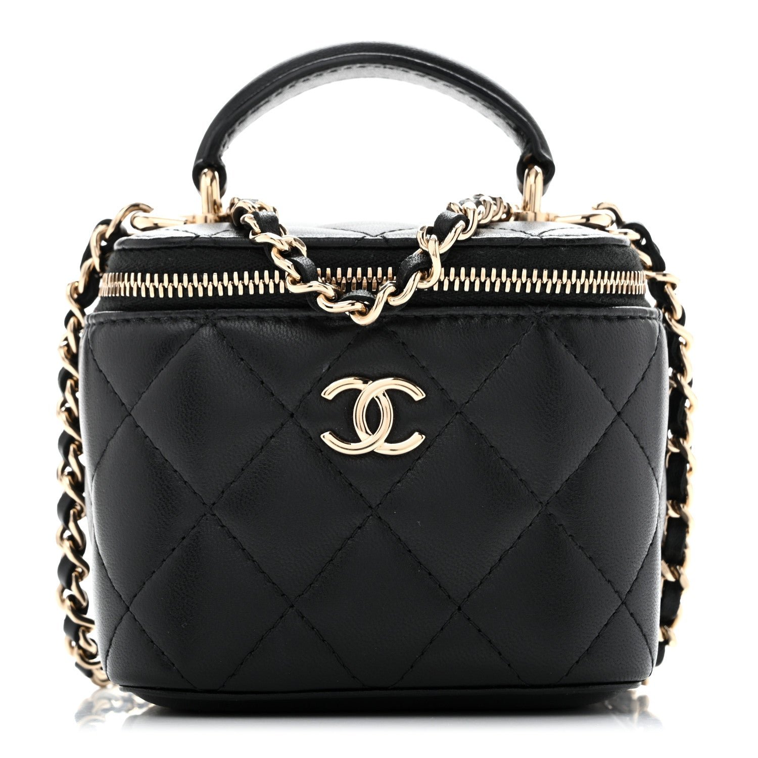 Chanel Lambskin Quilted Top Handle Mini Vanity Case With Chain Black