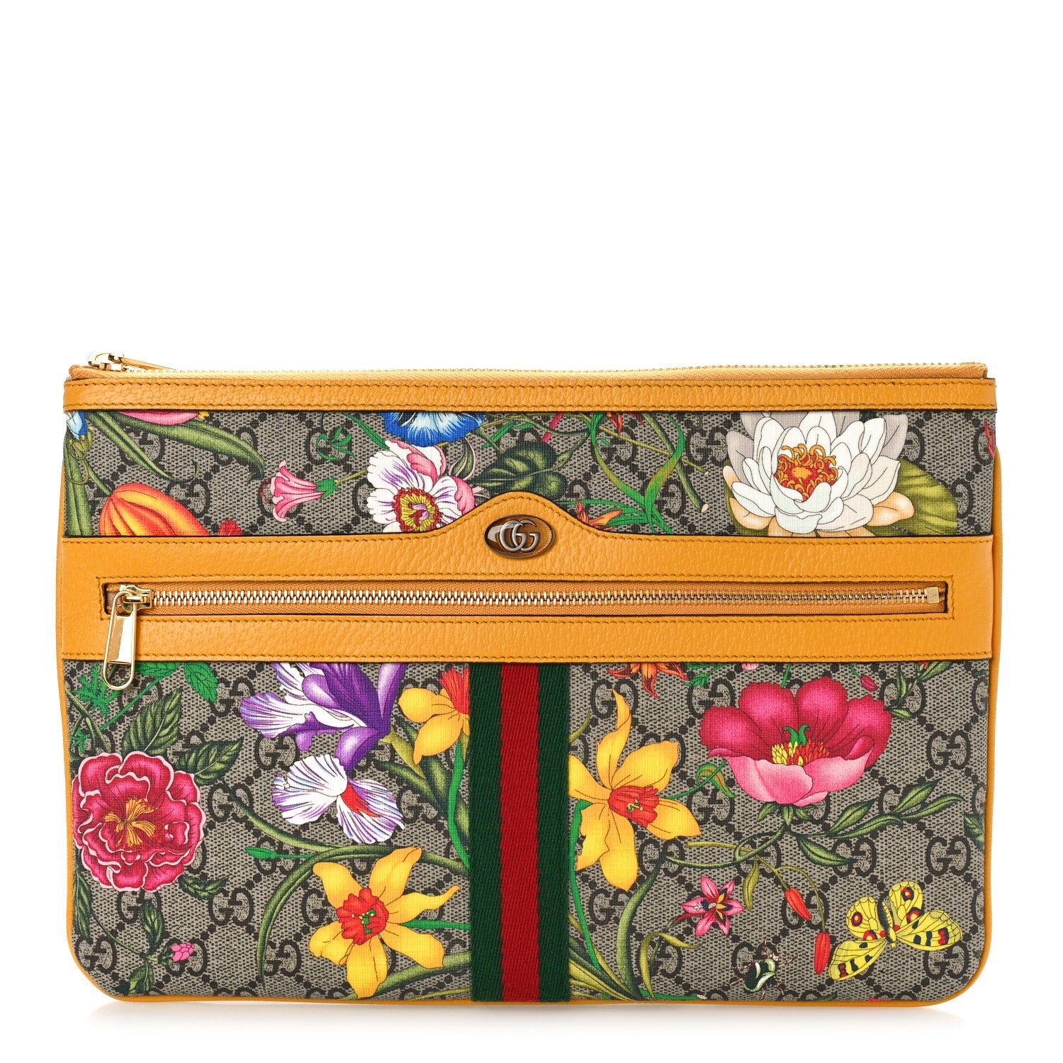 Gucci GG Supreme Monogram Flora Large Ophidia Pouch Clutch Beige Multicolor Crop