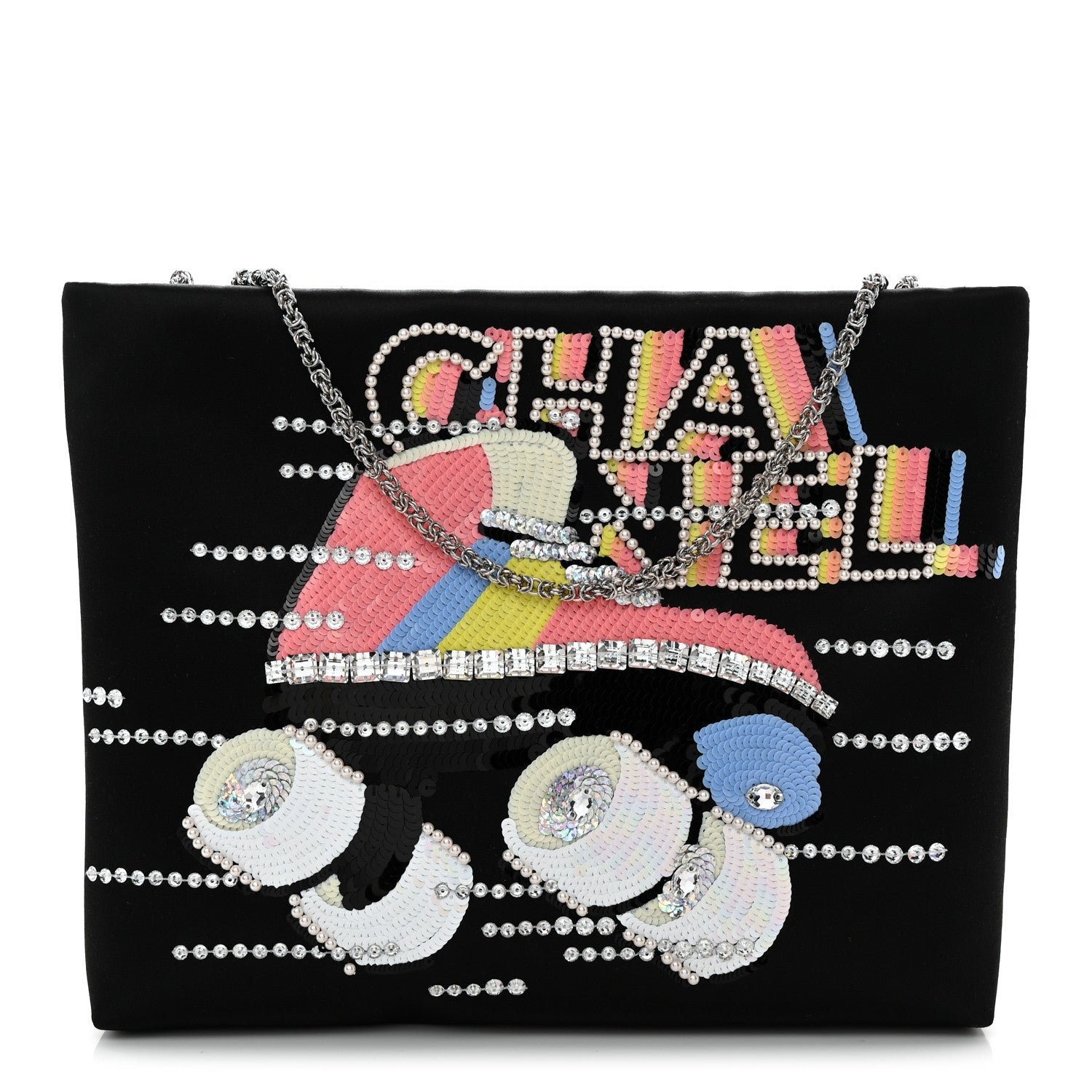 Chanel Satin Sequin Pearl Crystal Roller Skate Quilted Clutch With Chain Black Multicolor