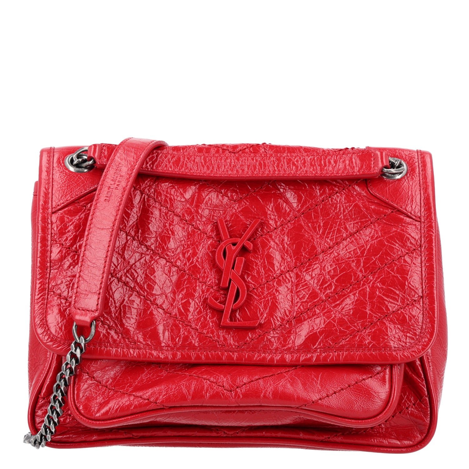 Saint Laurent Crinkled Calfskin Matelasse Monogram Baby Niki Chain Satchel Rouge Eros