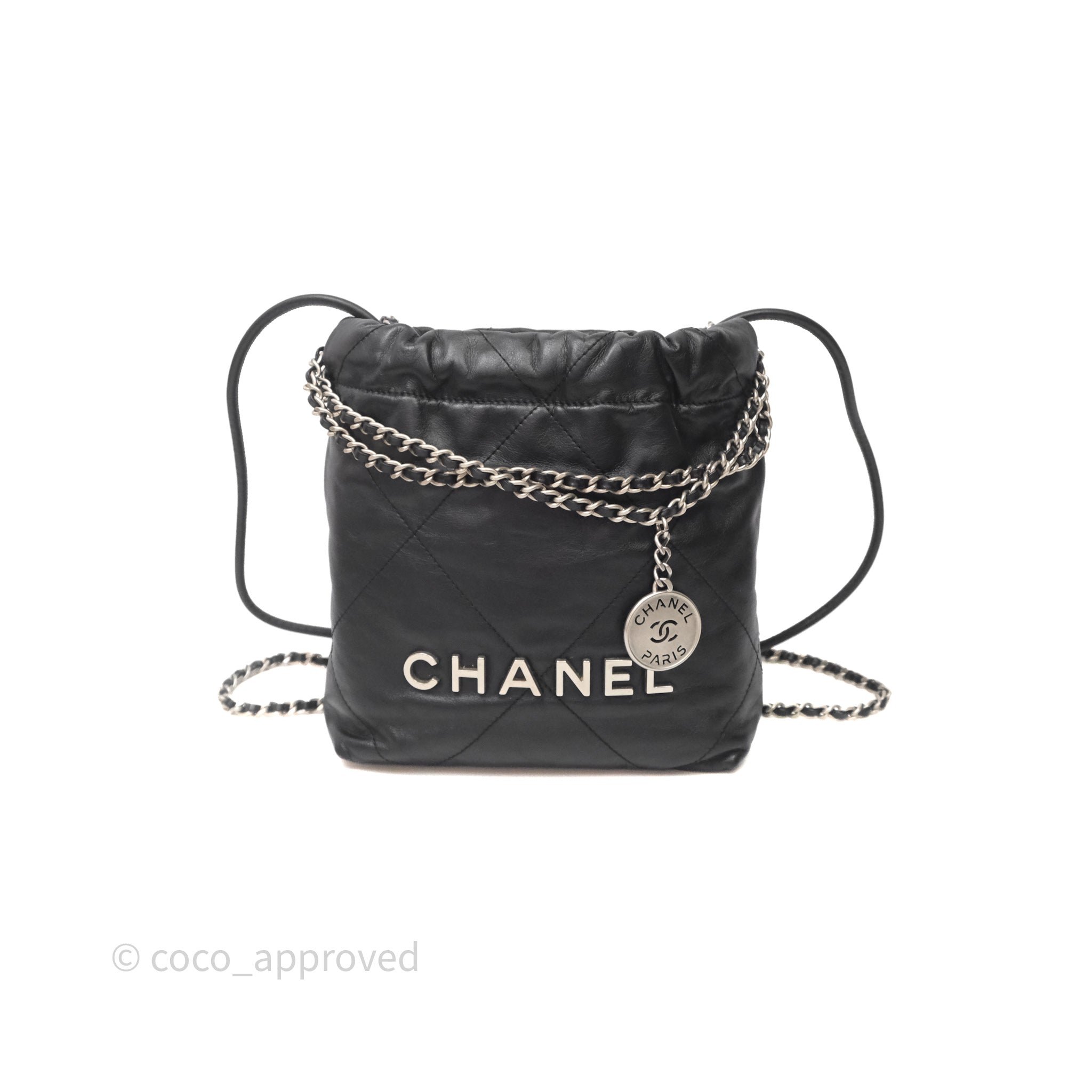 Chanel 22 Mini Bag Black Shiny Crumpled Calfskin Matte Silver Hardware
