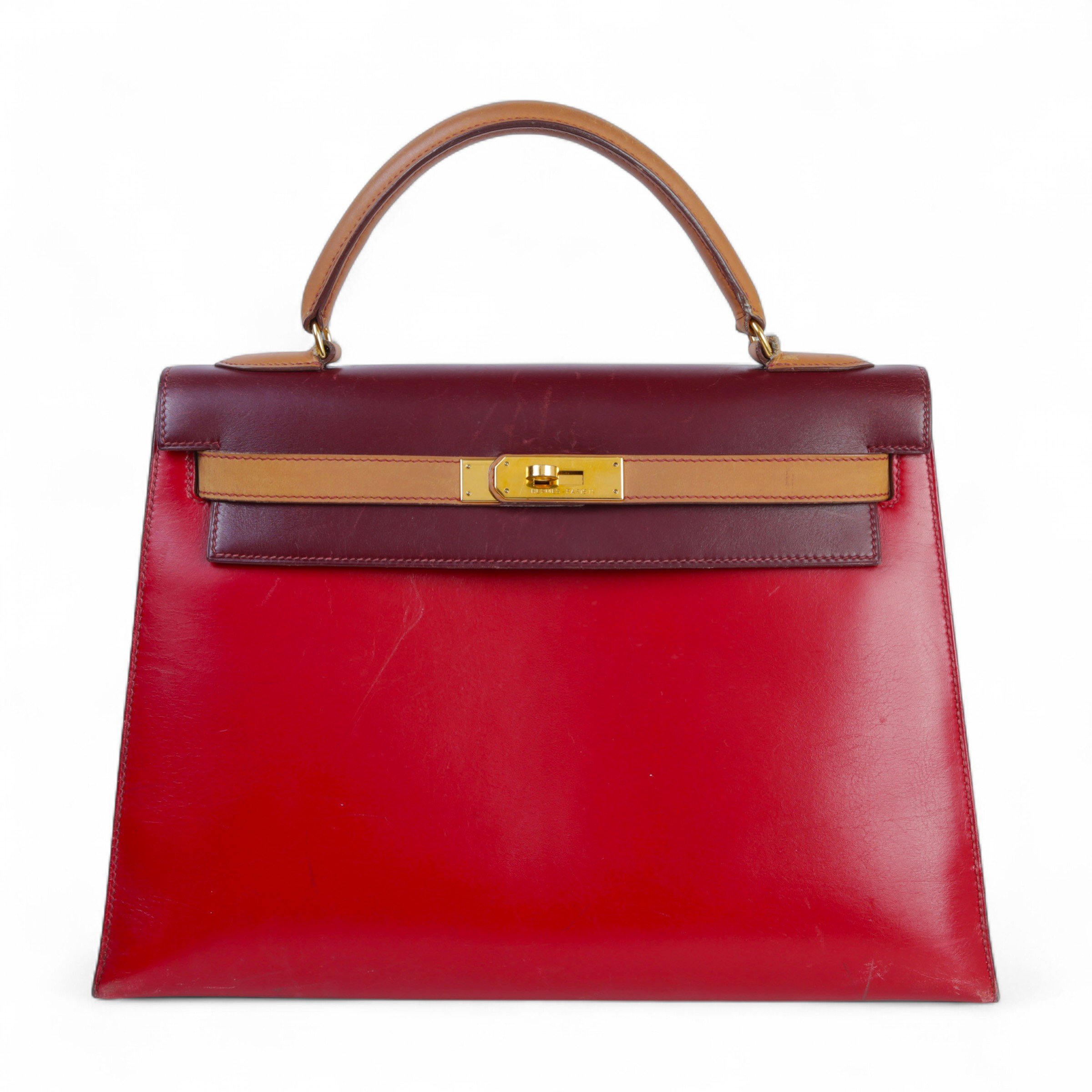 Hermes Good ( Rank AB) HERMÈS Kelly 32 Sellier Rouge Vif (53) Rouge H (55) Natural (27) Box-calf Gold hardware Circle U (1991)