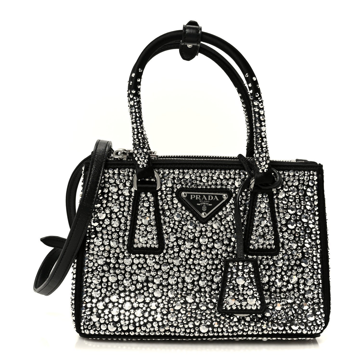 Prada Satin Crystal Mini Galleria Double Zip Tote Metal