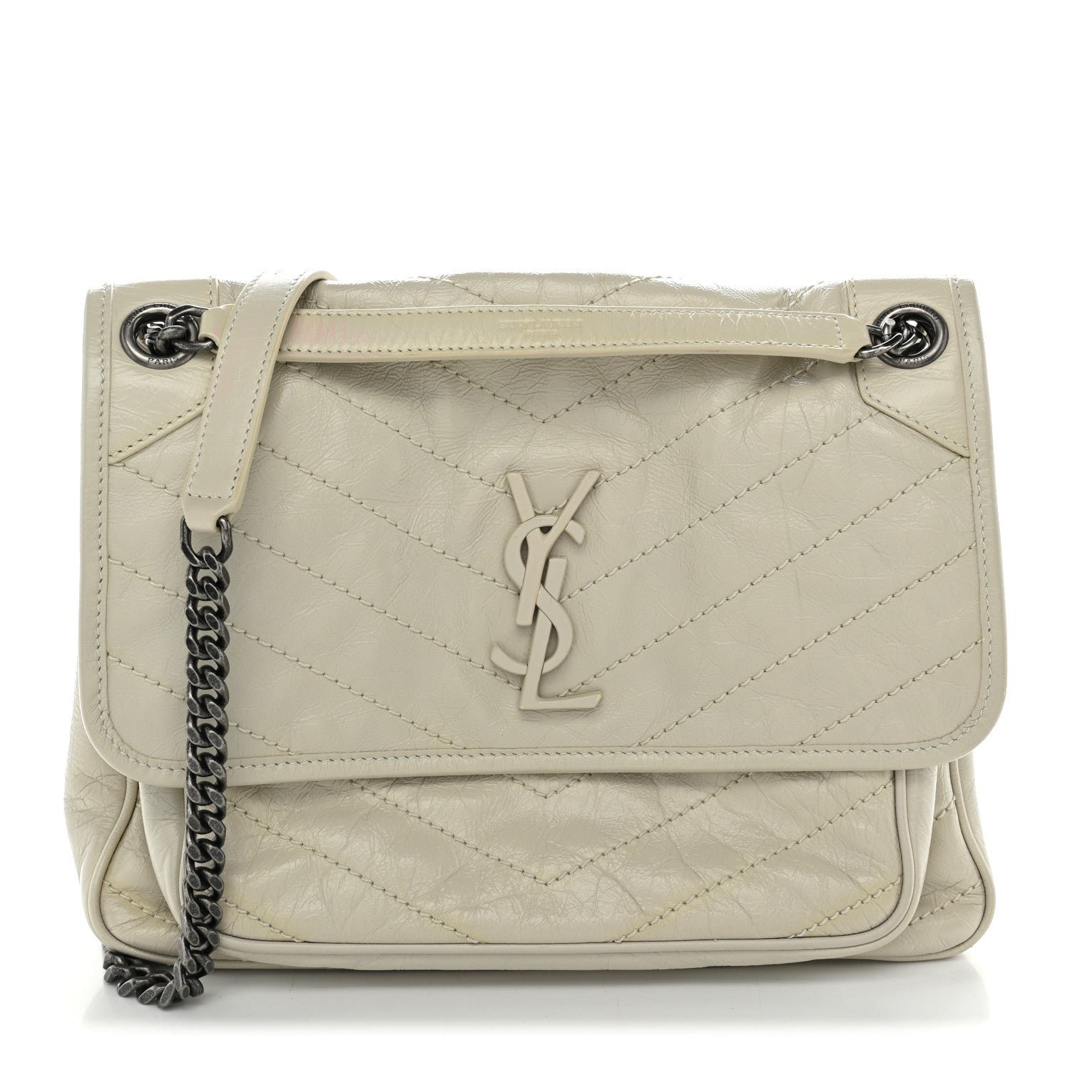 Saint Laurent Crinkled Calfskin Matelasse Monogram Medium Niki Chain Satchel Blanc Vintage