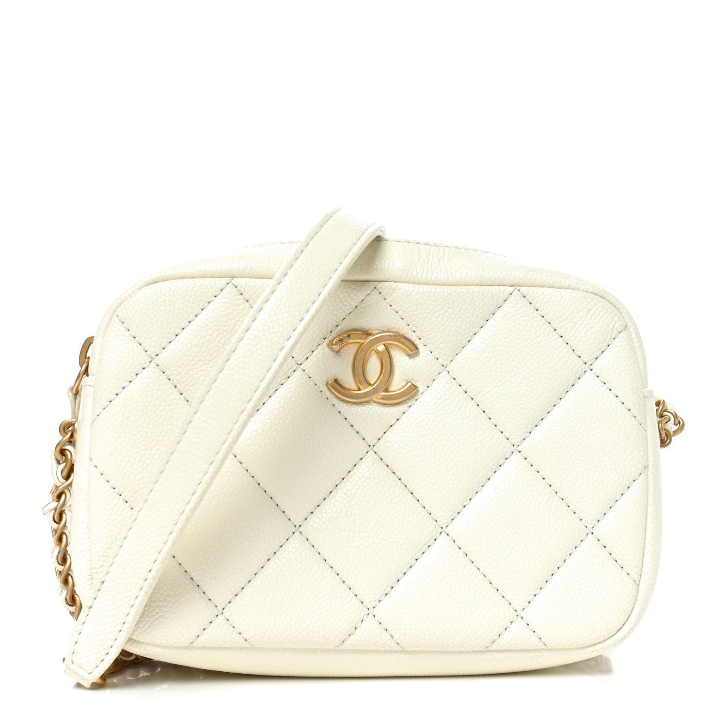 Chanel Shiny Caviar Quilted Chain Melody Camera Bag White