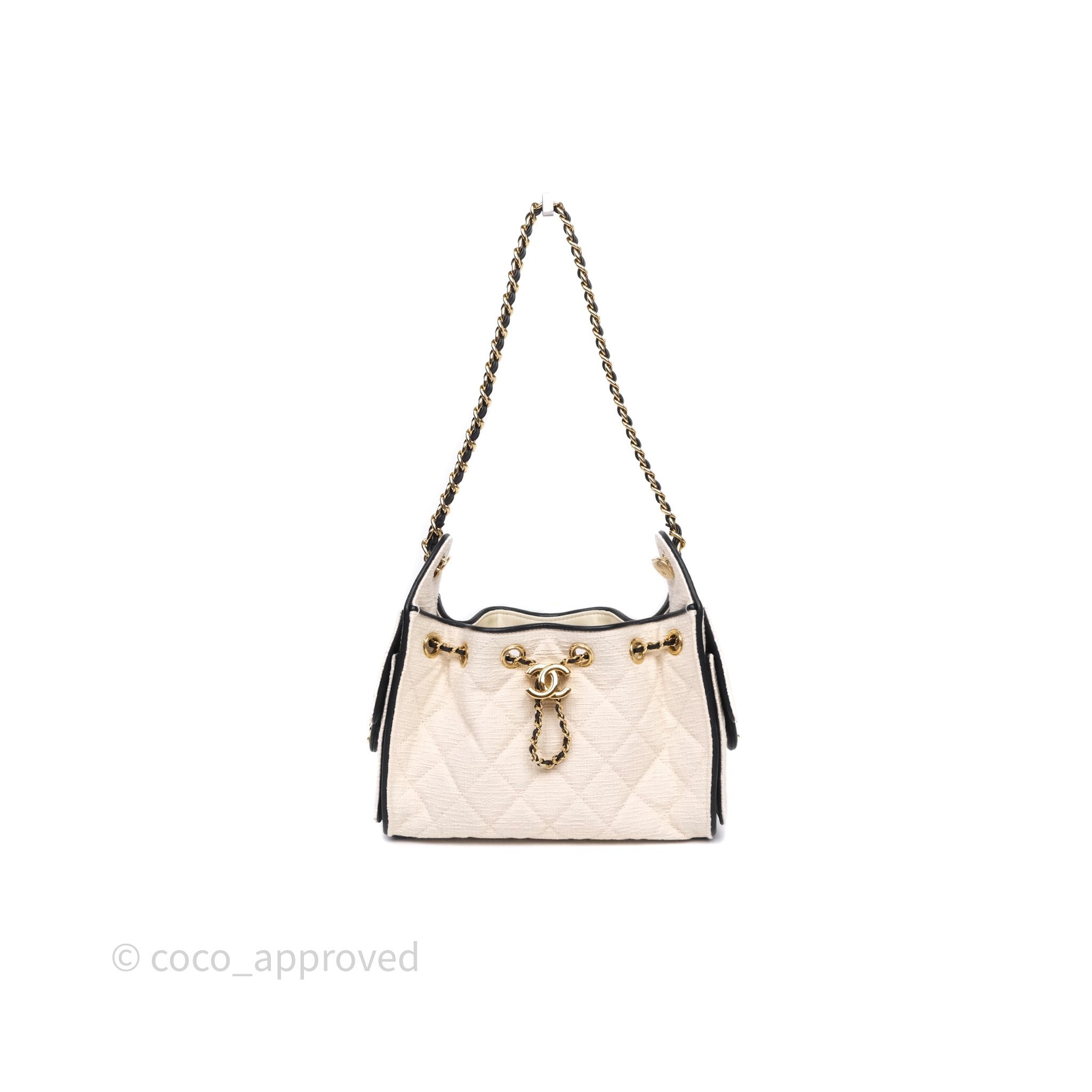 Chanel 25 Mini Bag Ivory Canvas/ Black Calfskin Gold Hardware