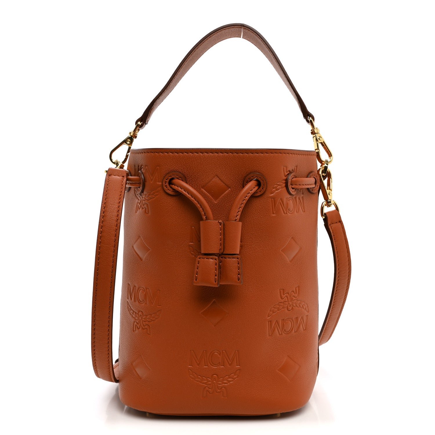 MCM MCM Calfskin Embossed Monogram Mini Dessau Drawstring Bucket Bag Cognac
