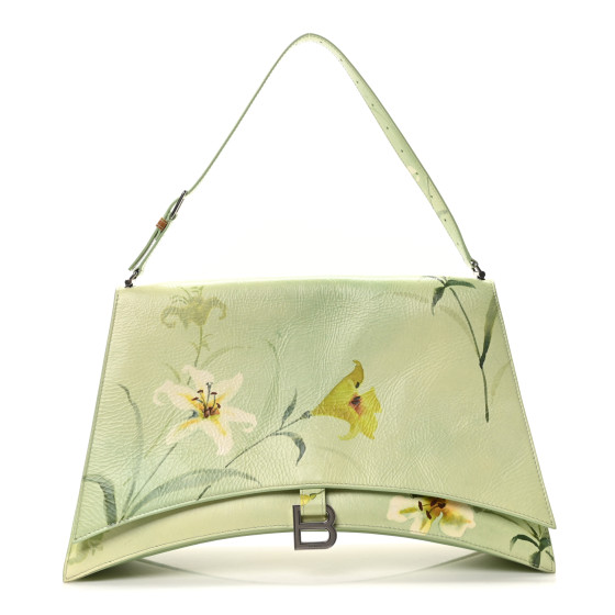 Balenciaga Shiny Paper Calfskin Floral Printed Large Crush Sling Bag Green