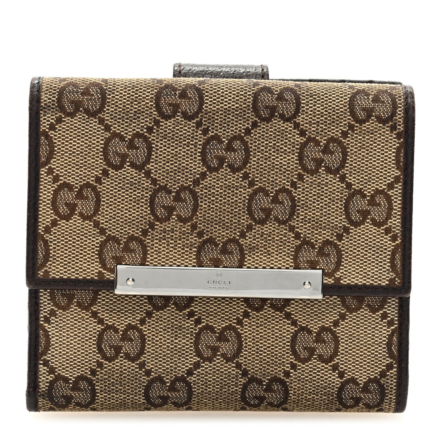 Gucci Monogram Metal Bar French Flap Wallet Beige Ebony Cocoa