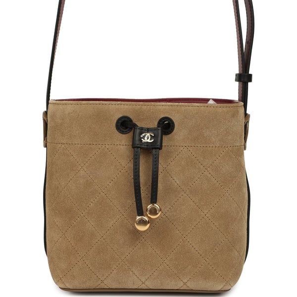 Chanel "CC Loop" Drawstring Bucket Bag with Leather Strap Dark Beige Suede, Black Leather Gold Hardware