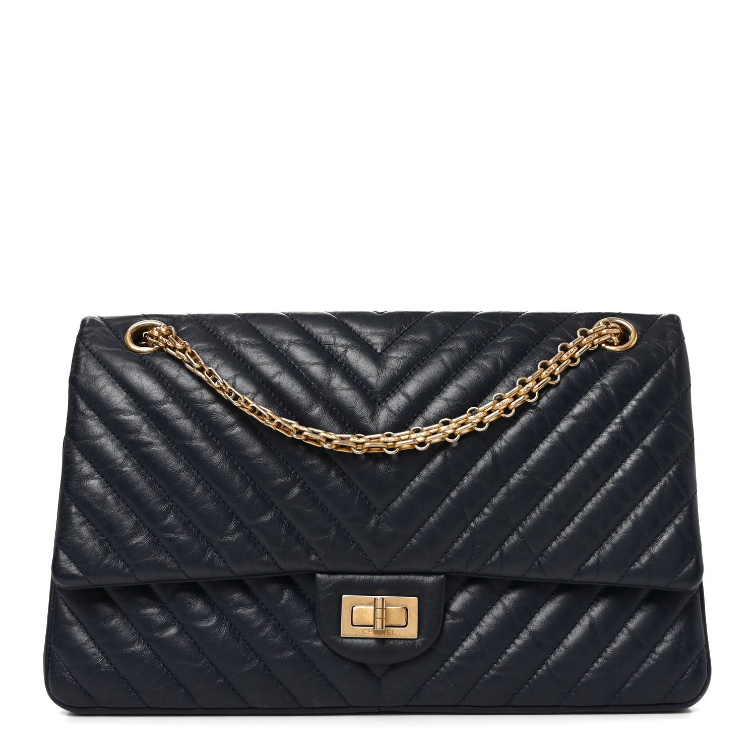 Chanel Aged Calfskin Chevron Quilted 2.55 Reissue 226 Flap Navy Blue