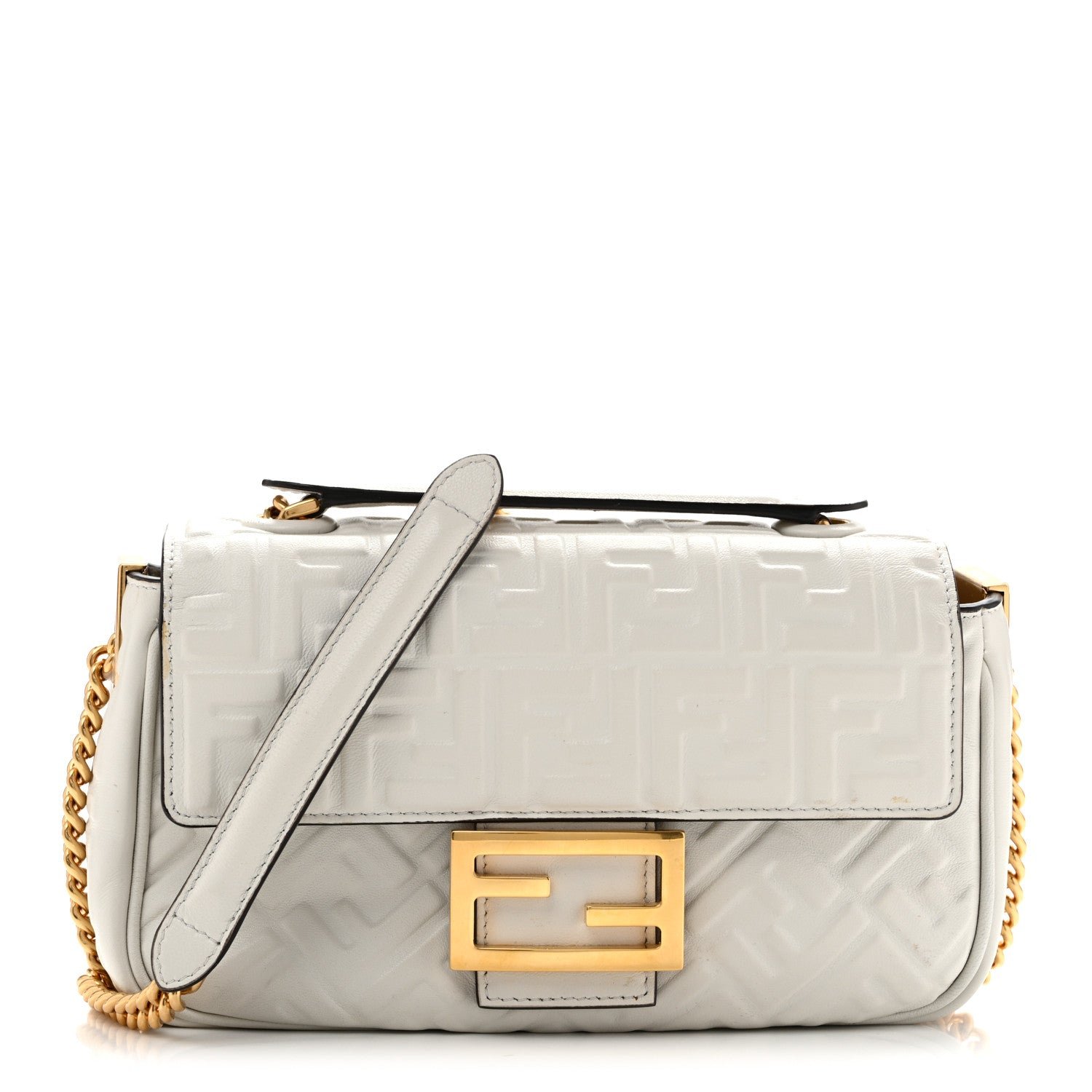 Fendi Nappa Small FF Embossed Midi Chain Baguette White