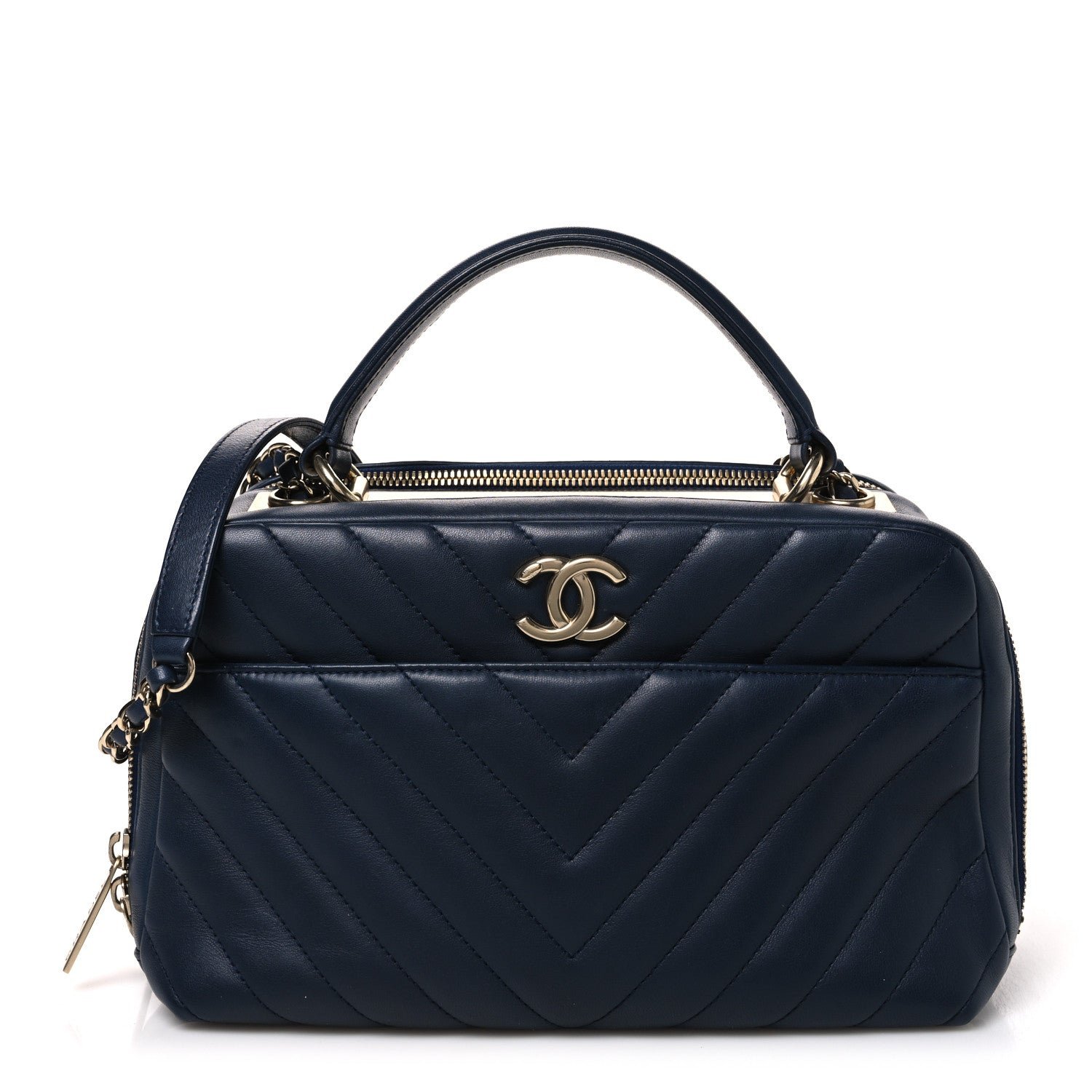 Chanel Lambskin Chevron Quilted Small Trendy CC Bowling Bag Navy Blue