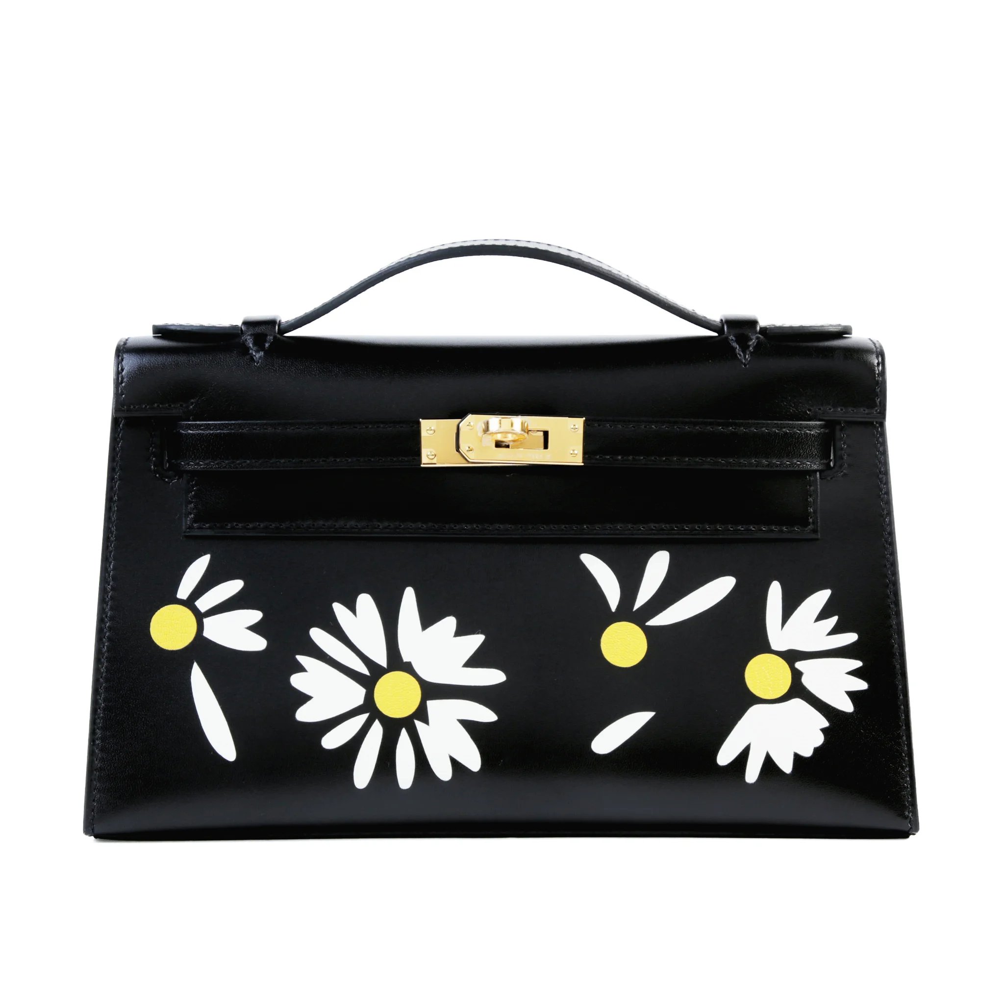 Unused ( Rank NS ) HERMÈS Limited Edition Kelly Pochette Daisy Noir (89) White Box-calf Gold hardware G (2026)
