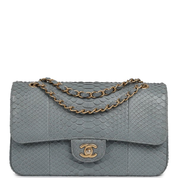 Pre-owned Chanel Medium Classic Double Flap Bag Grey Python Antique Gold Hardware