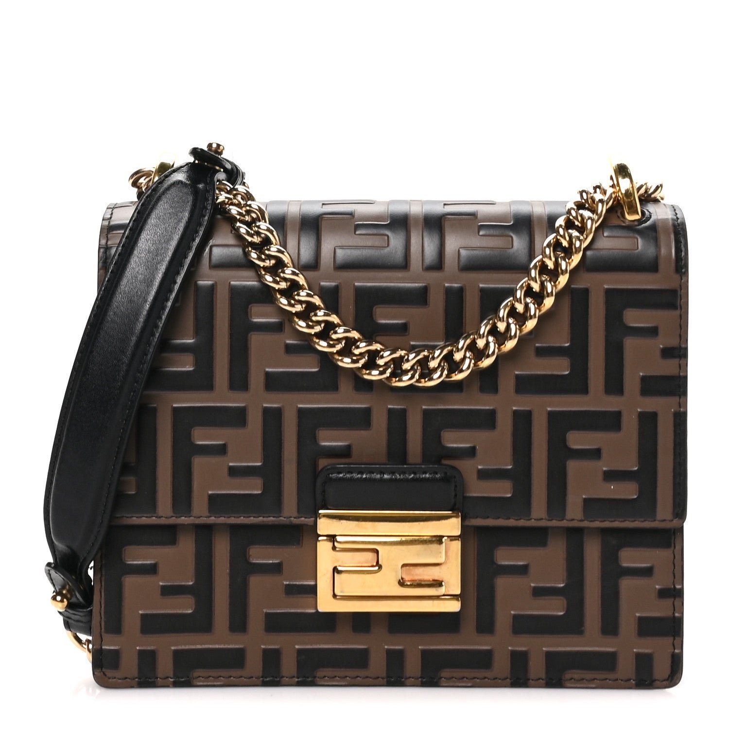 Fendi Vitello Liberty Bi-Color FF 1974 Embossed Small Kan U Shoulder Bag Maya Black