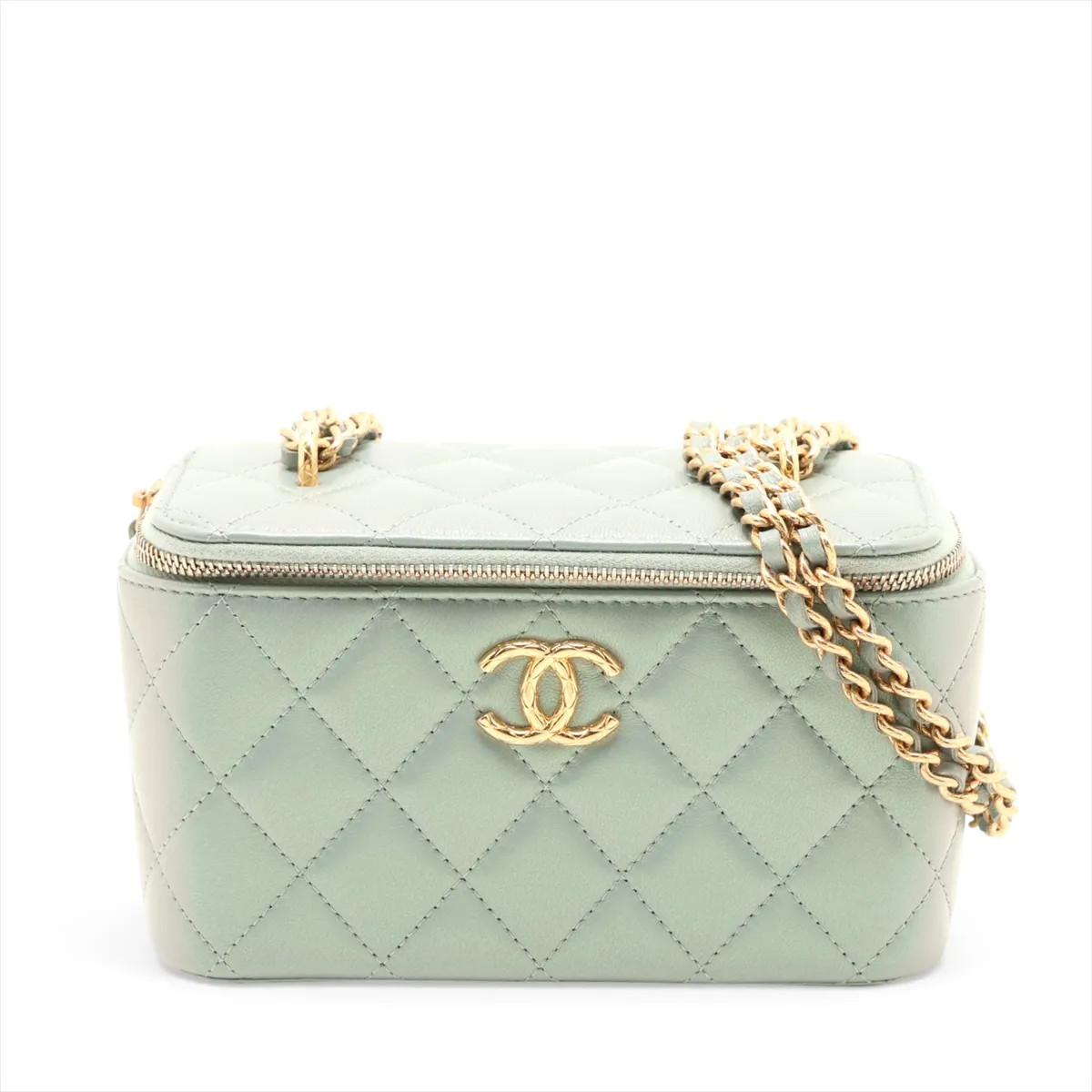 Chanel Matelasse Lambskin Chain Shoulder Bag Vanity Blue Gold Metal Fittings ran