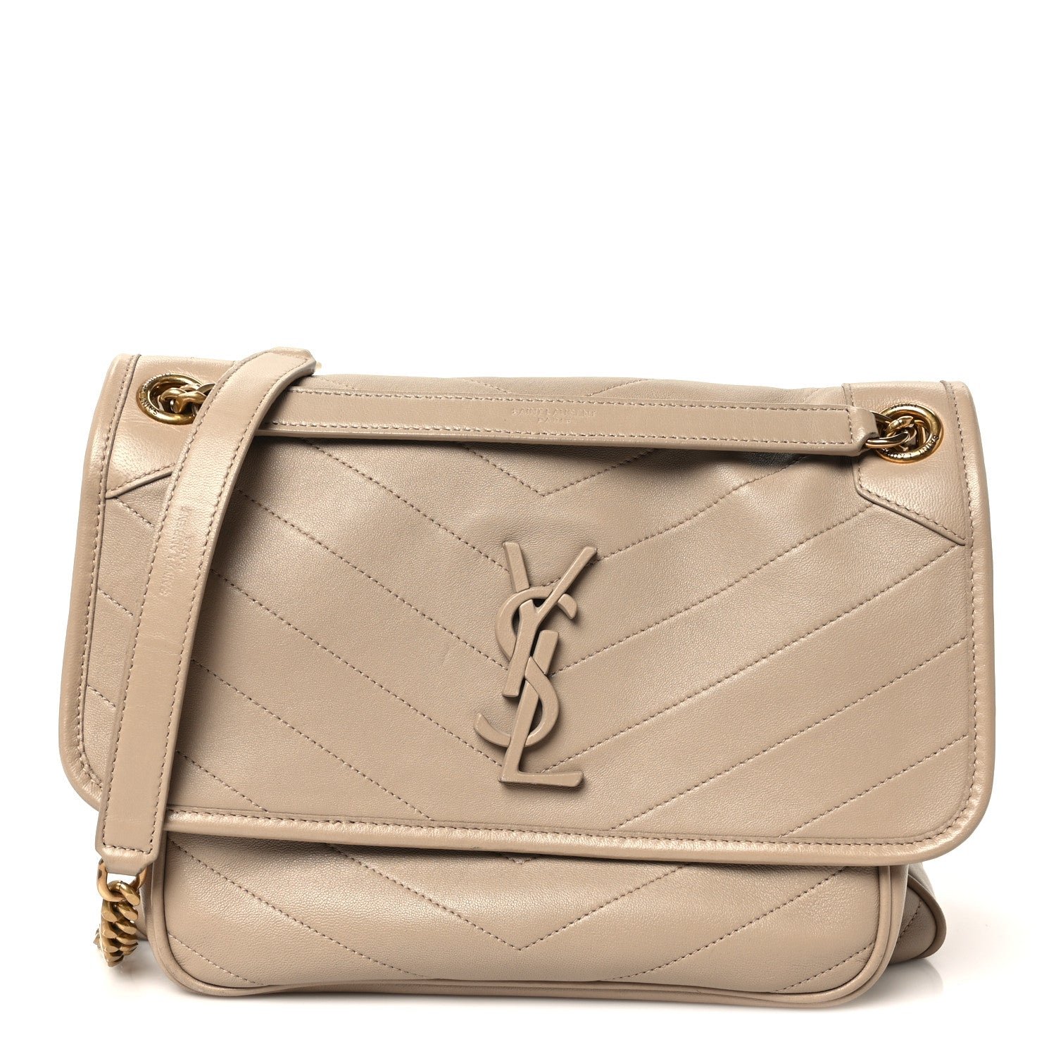 Saint Laurent Lambskin Matelasse Monogram Medium Niki Chain Satchel Dark Beige