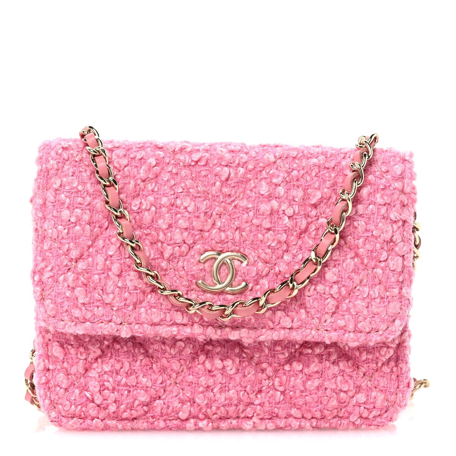 Chanel Tweed Quilted Flap Chain Waist Bag Pink
