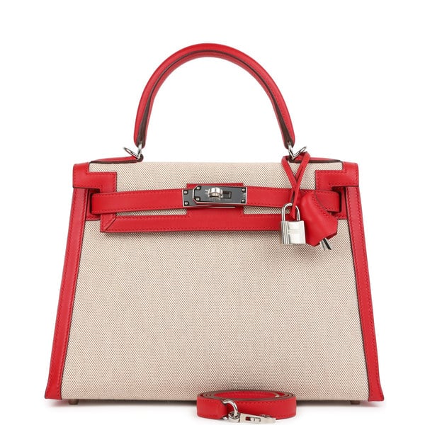 Hermes Pre-owned Hermes Kelly Sellier 28 Rouge De Coeur Swift and Beige-Ecru Toile H Canvas Palladium Hardware
