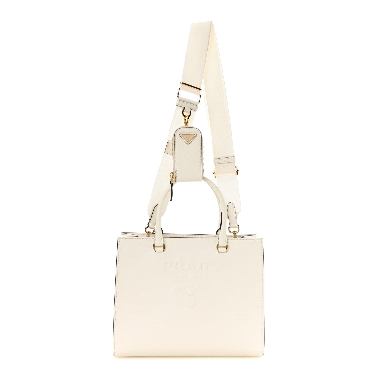 Prada Saffiano Lux Logo Embossed Medium Shoulder Tote Handbag White