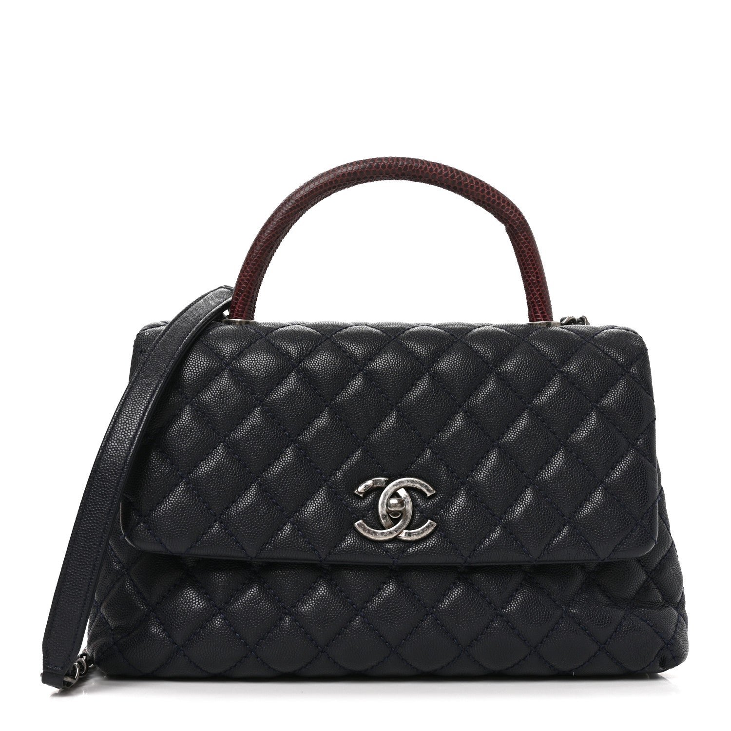 Chanel Caviar Lizard Embossed Quilted Small Coco Handle Flap Navy Blue