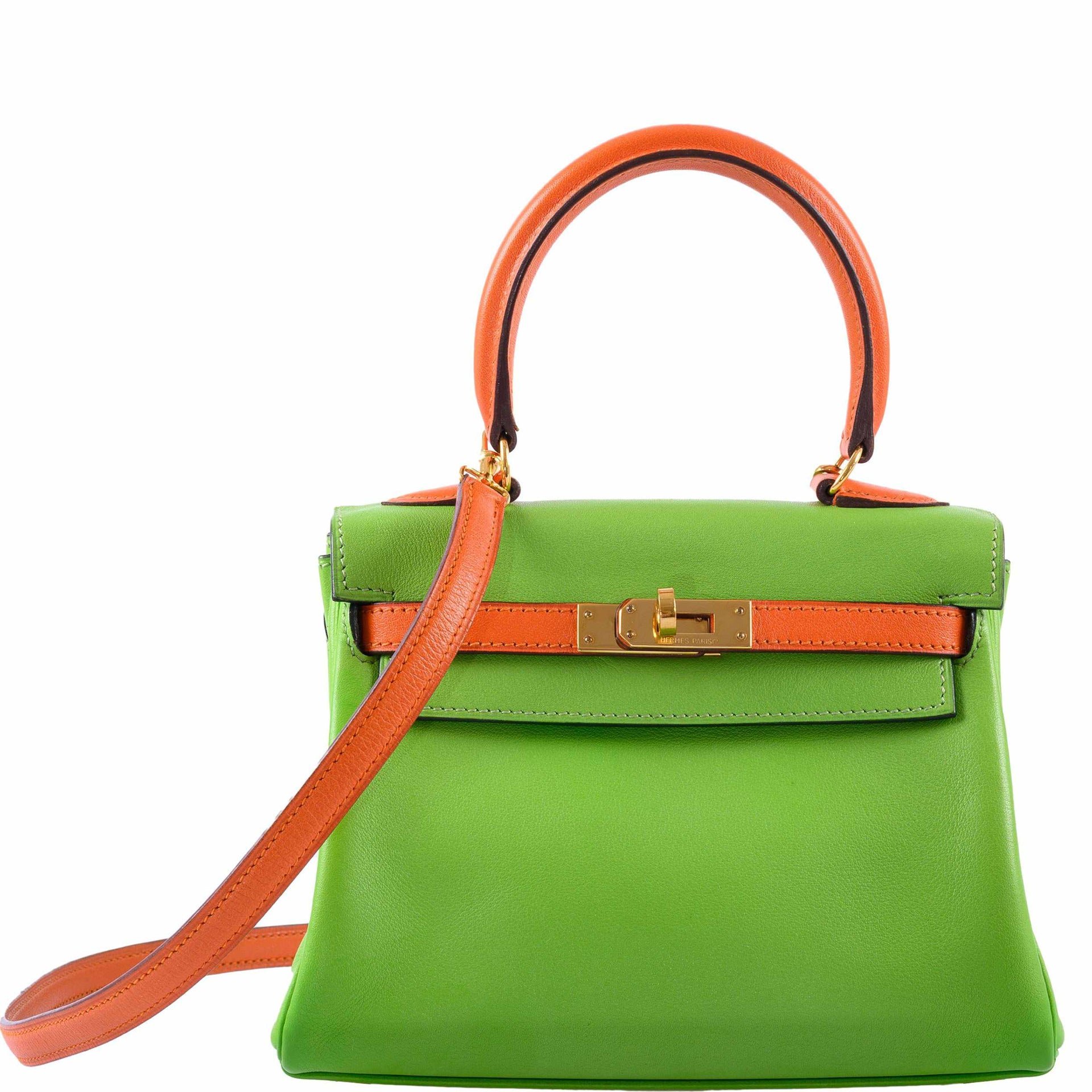 Hermes Hermès Kelly 20 Retourne Vert Cru and Orange H Gulliver Gold Hardware