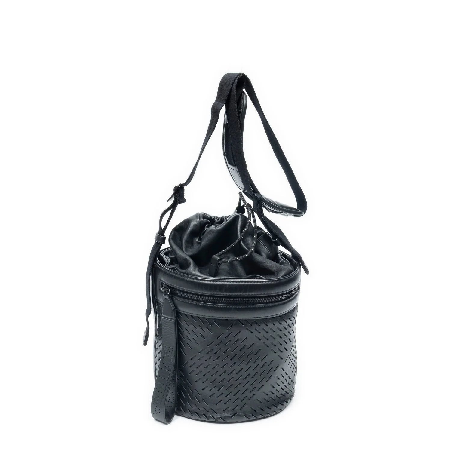 Leather Cutout Drawstring Bucket Crossbody