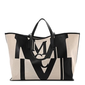 MCM Canvas Glitch Logo Medium Aren Shopper Tote Black White