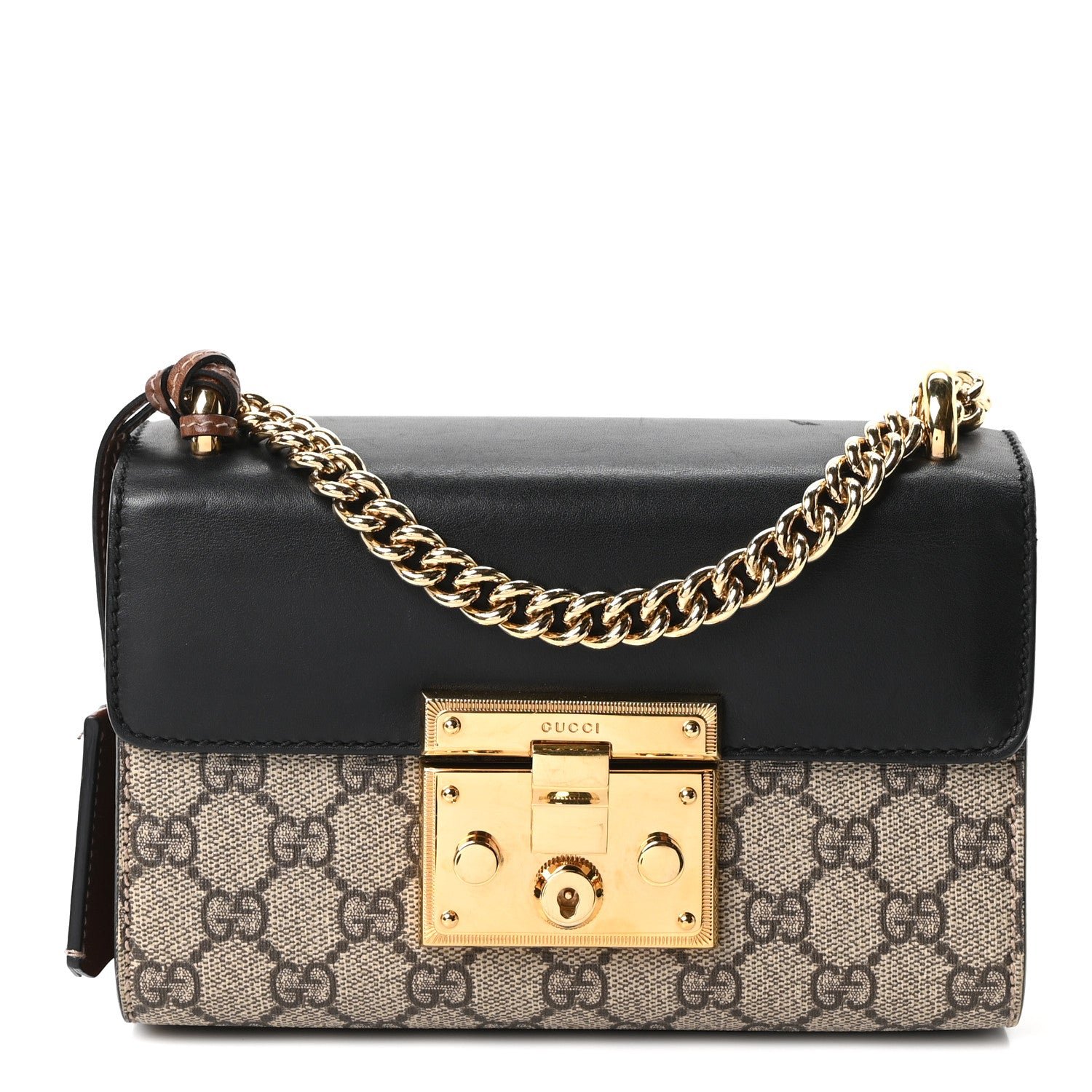 Gucci GG Supreme Monogram Calfskin Small Padlock Shoulder Bag Beige Black Cuir