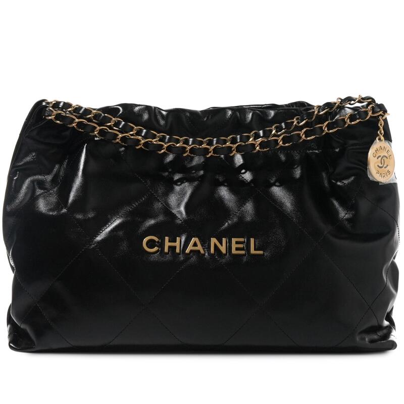 Black Quilted Calfskin East-West Chanel 22 Aged Gold Hardware