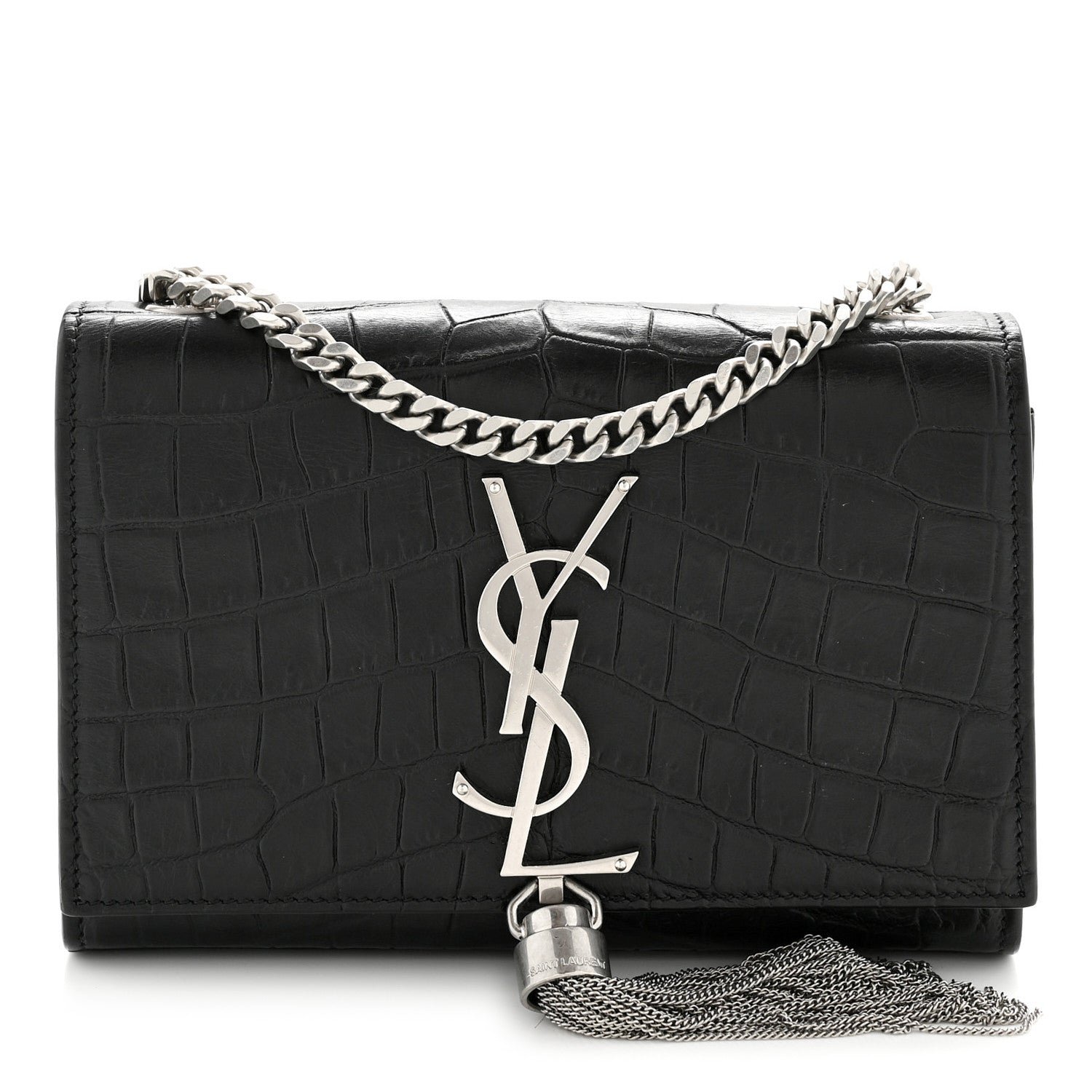 Saint Laurent Calfskin Crocodile Embossed Small Classic Monogram Kate Tassel Satchel Black