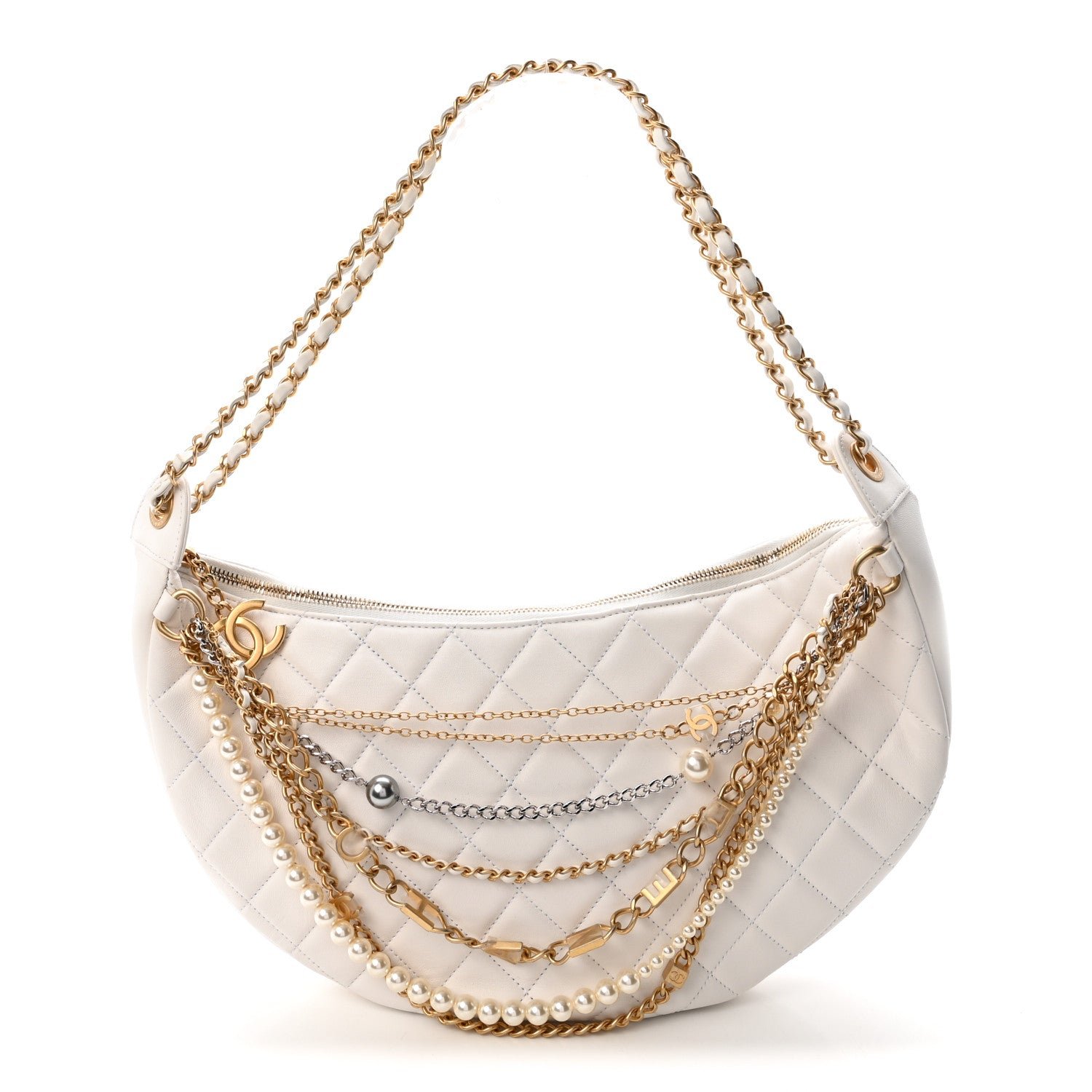 Chanel Lambskin Quilted All About Chains Hobo White