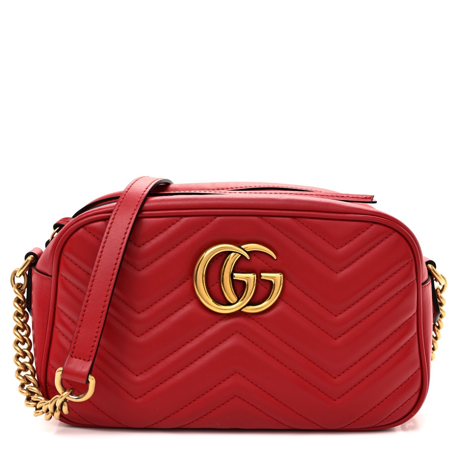 Gucci Calfskin Matelasse Small GG Marmont Chain Shoulder Bag Hibiscus Red