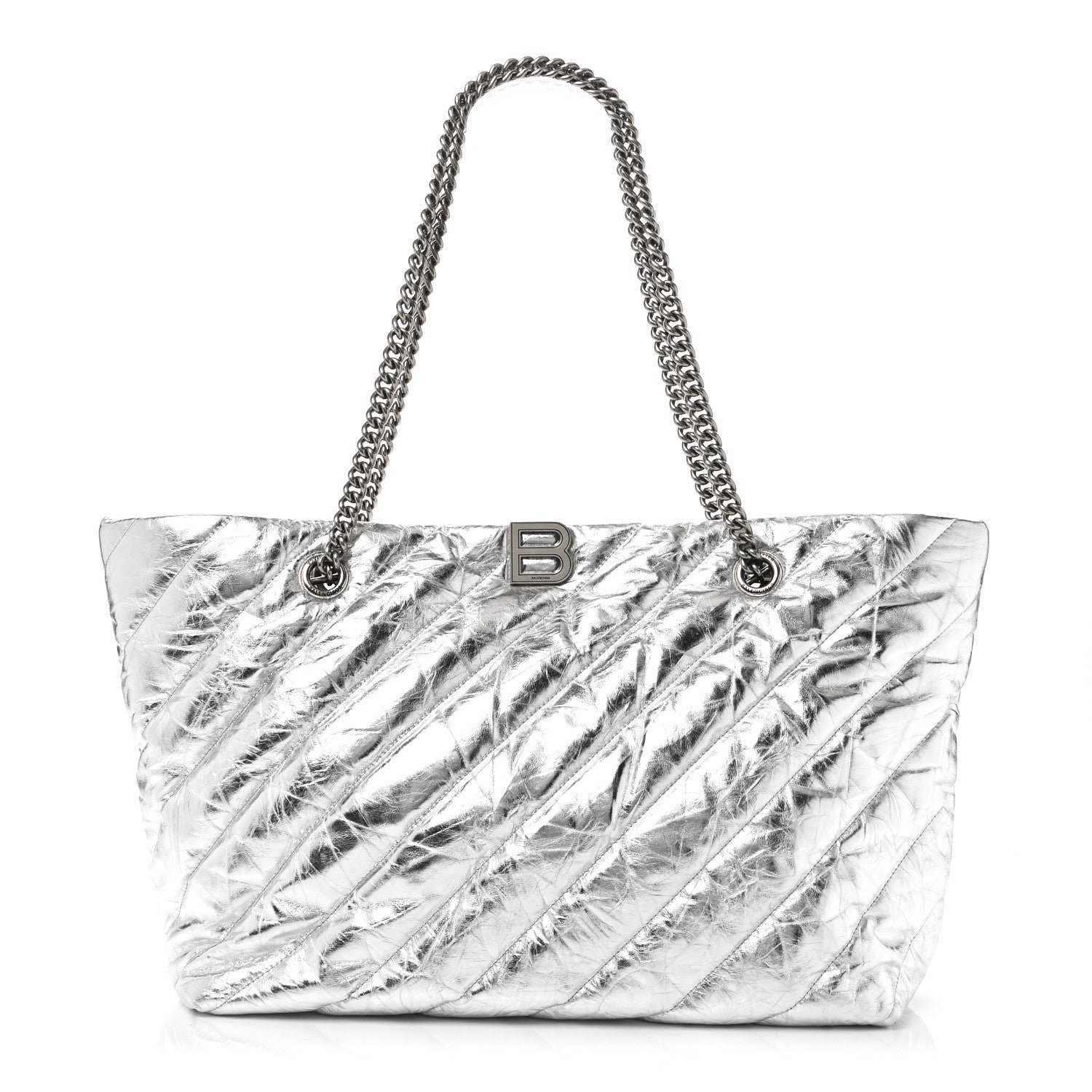 Balenciaga Metallic Crushed Calfskin Quilted Medium Crush Carry All Tote Bag Silver